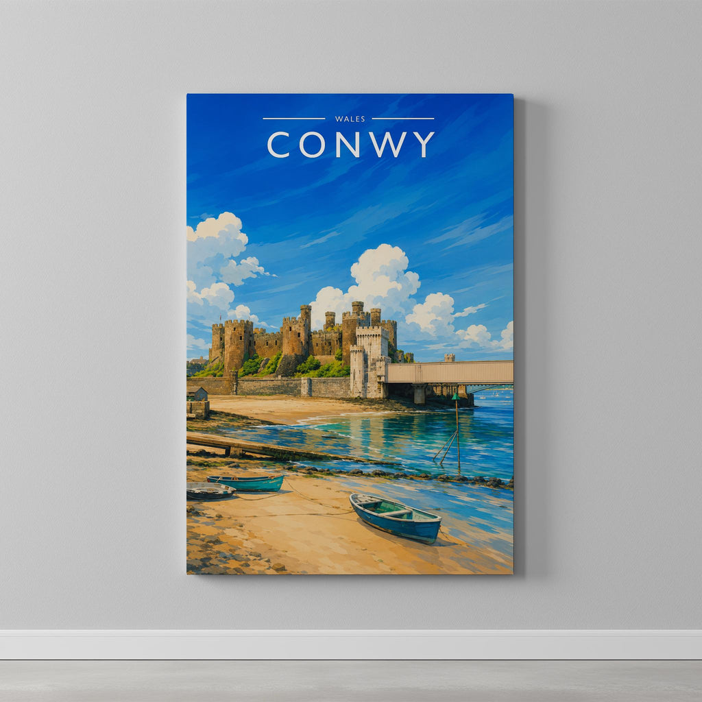 Conwy Travel Poster as a gallery-wrapped canvas on a plain wall