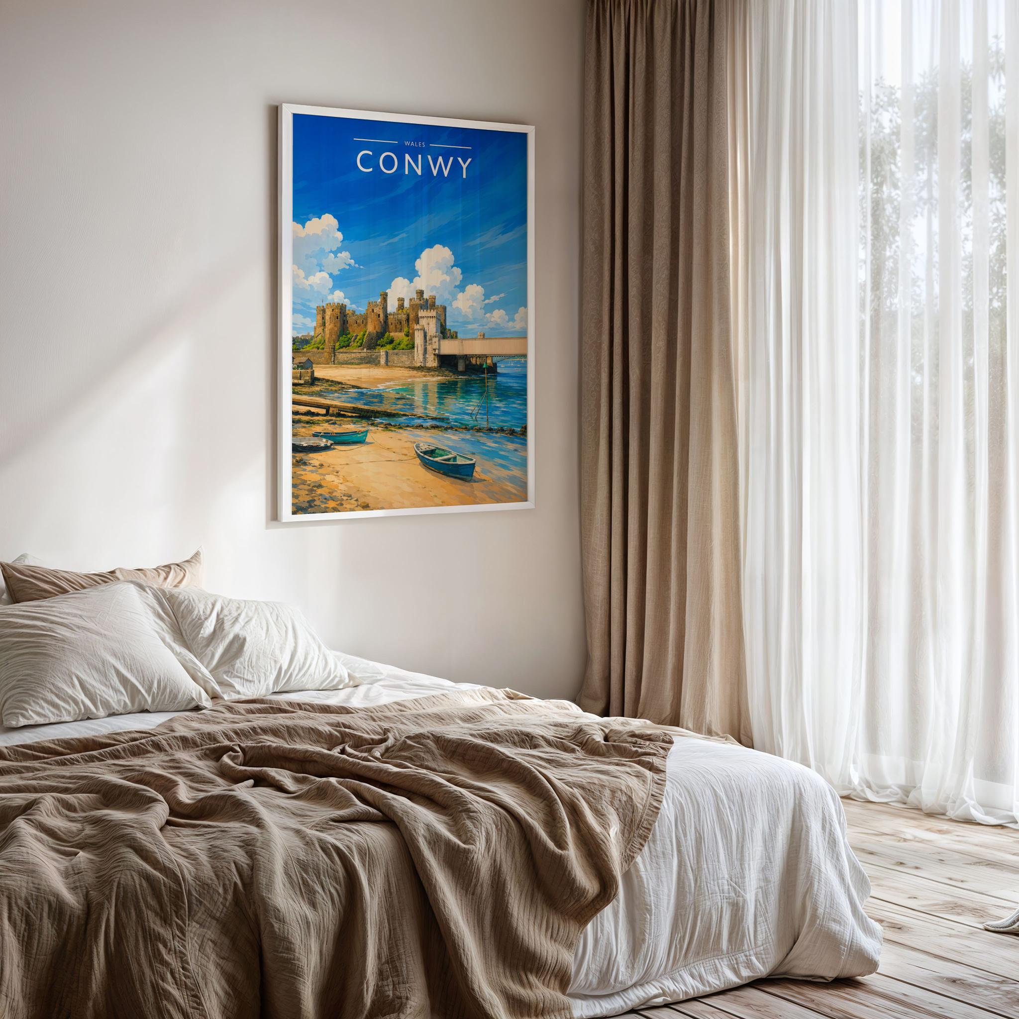 Conwy Travel Poster framed on a bedroom wall