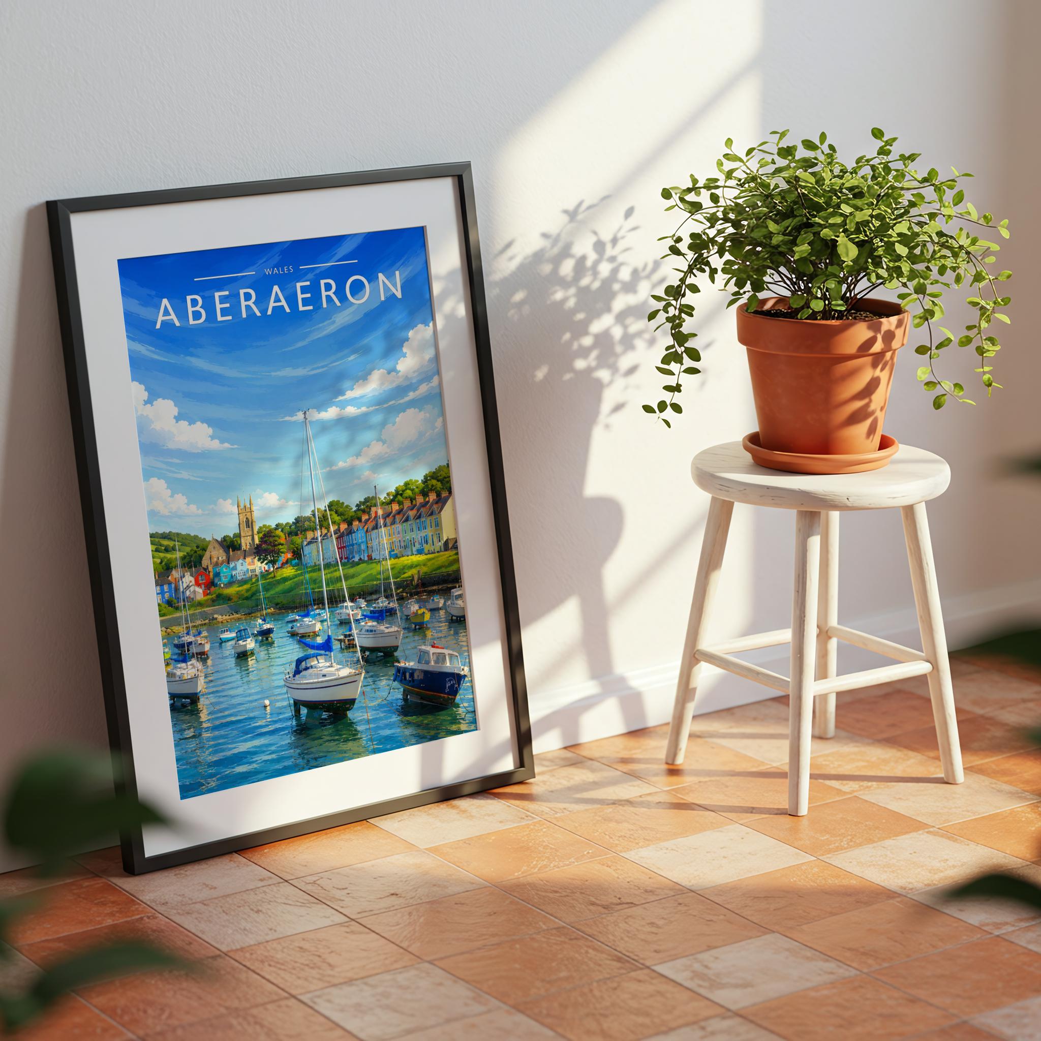 Aberaeron Travel Poster mounted in a black frame