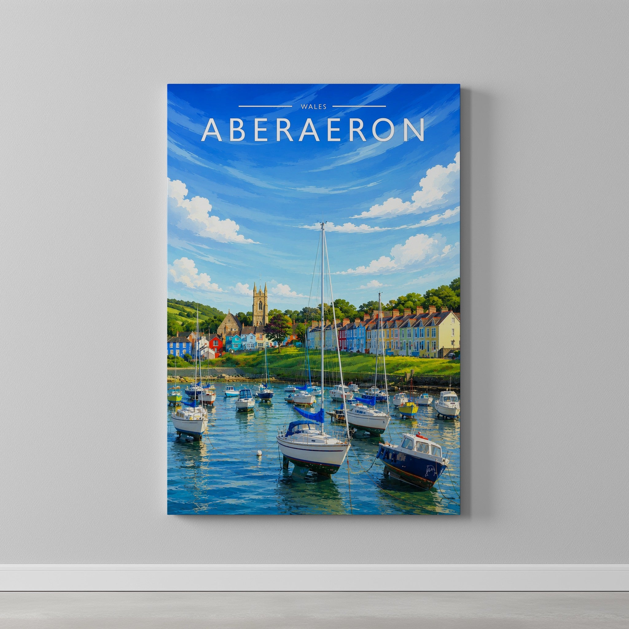 Aberaeron Travel Poster as a gallery-wrapped canvas on a plain wall