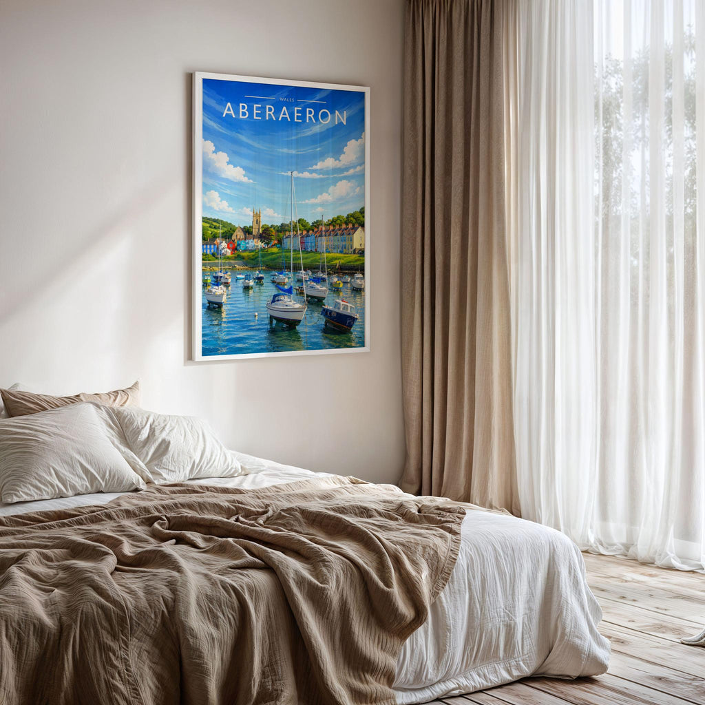 Aberaeron Travel Poster framed on a bedroom wall
