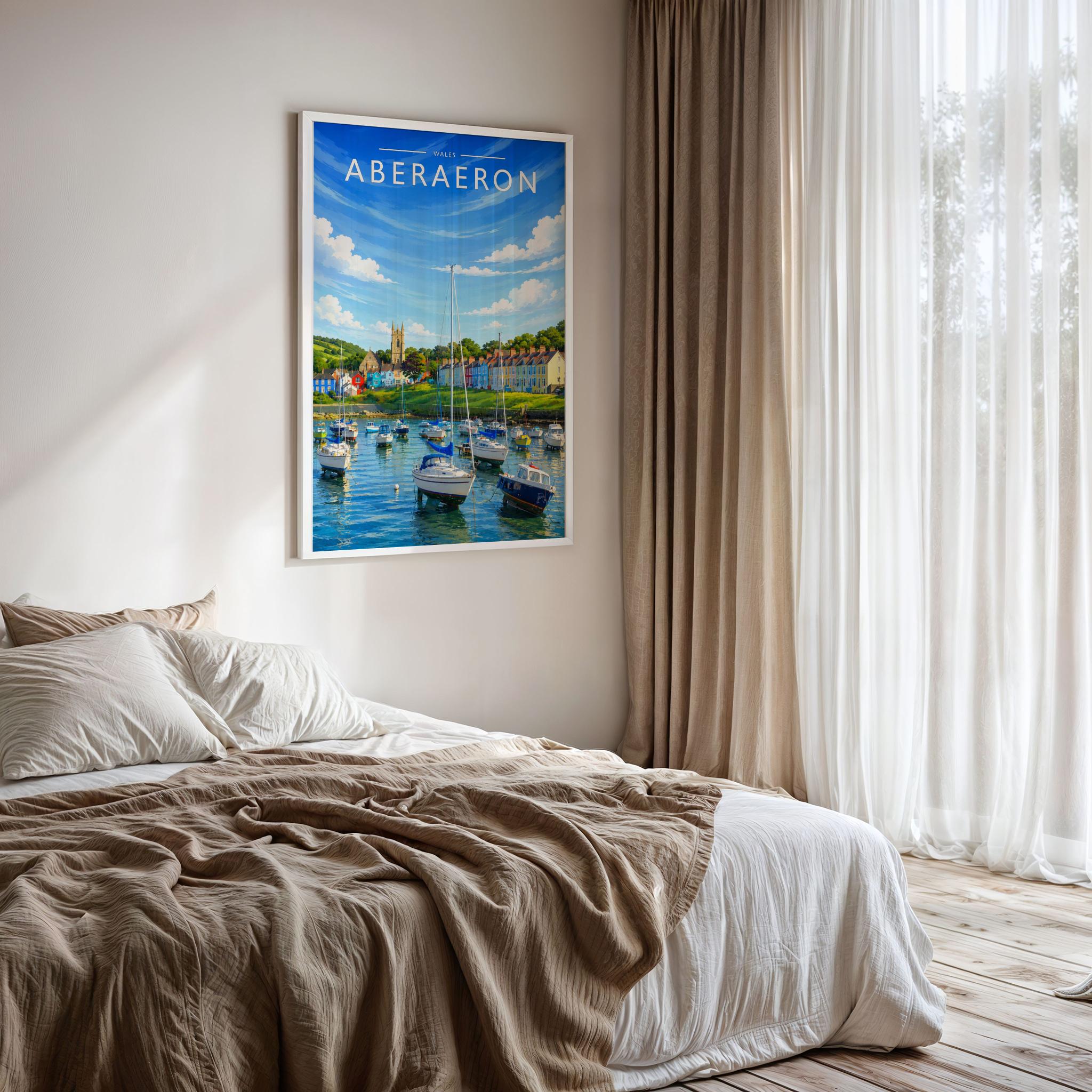 Aberaeron Travel Poster framed on a bedroom wall