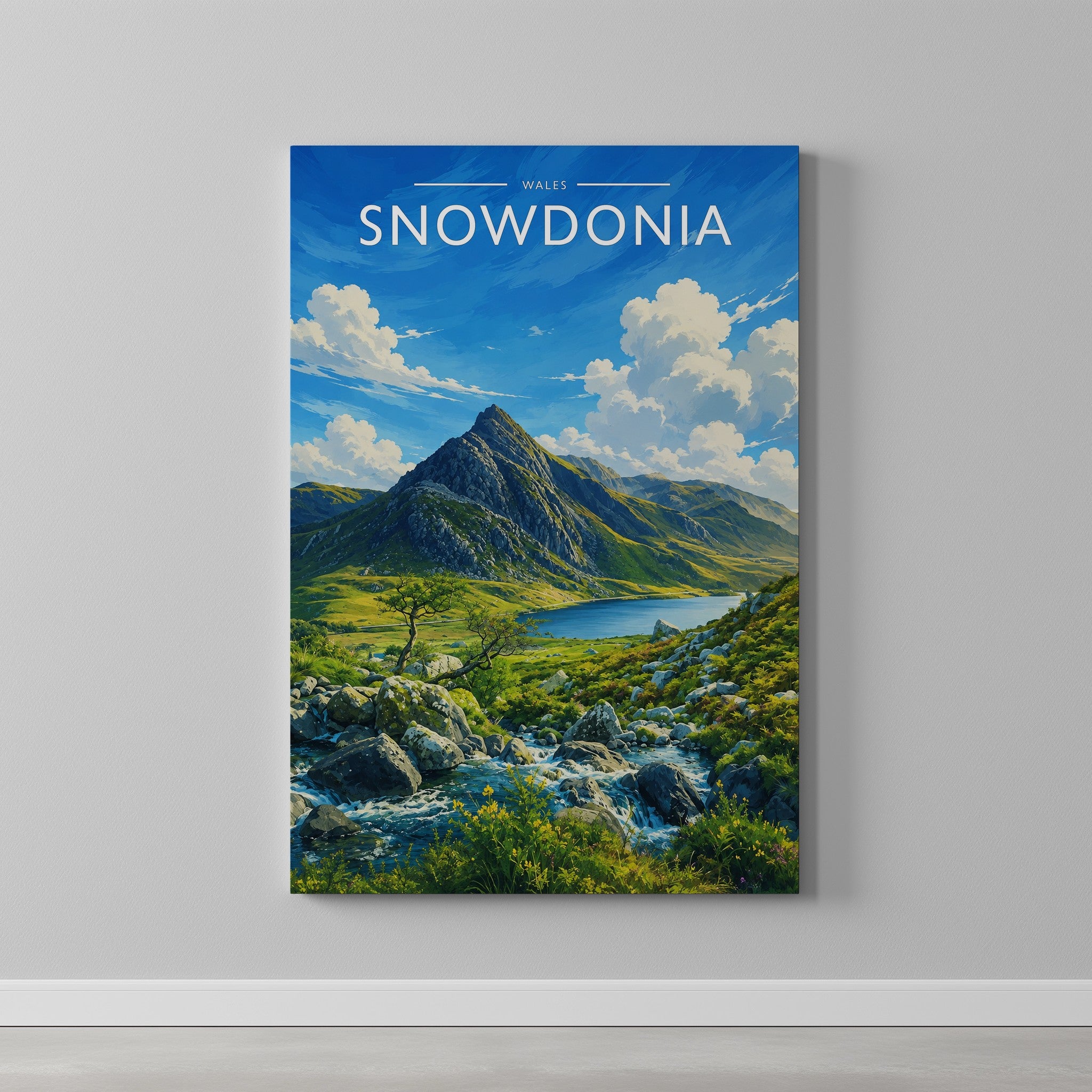 Snowdonia #3 Travel Poster as a gallery-wrapped canvas on a plain wall