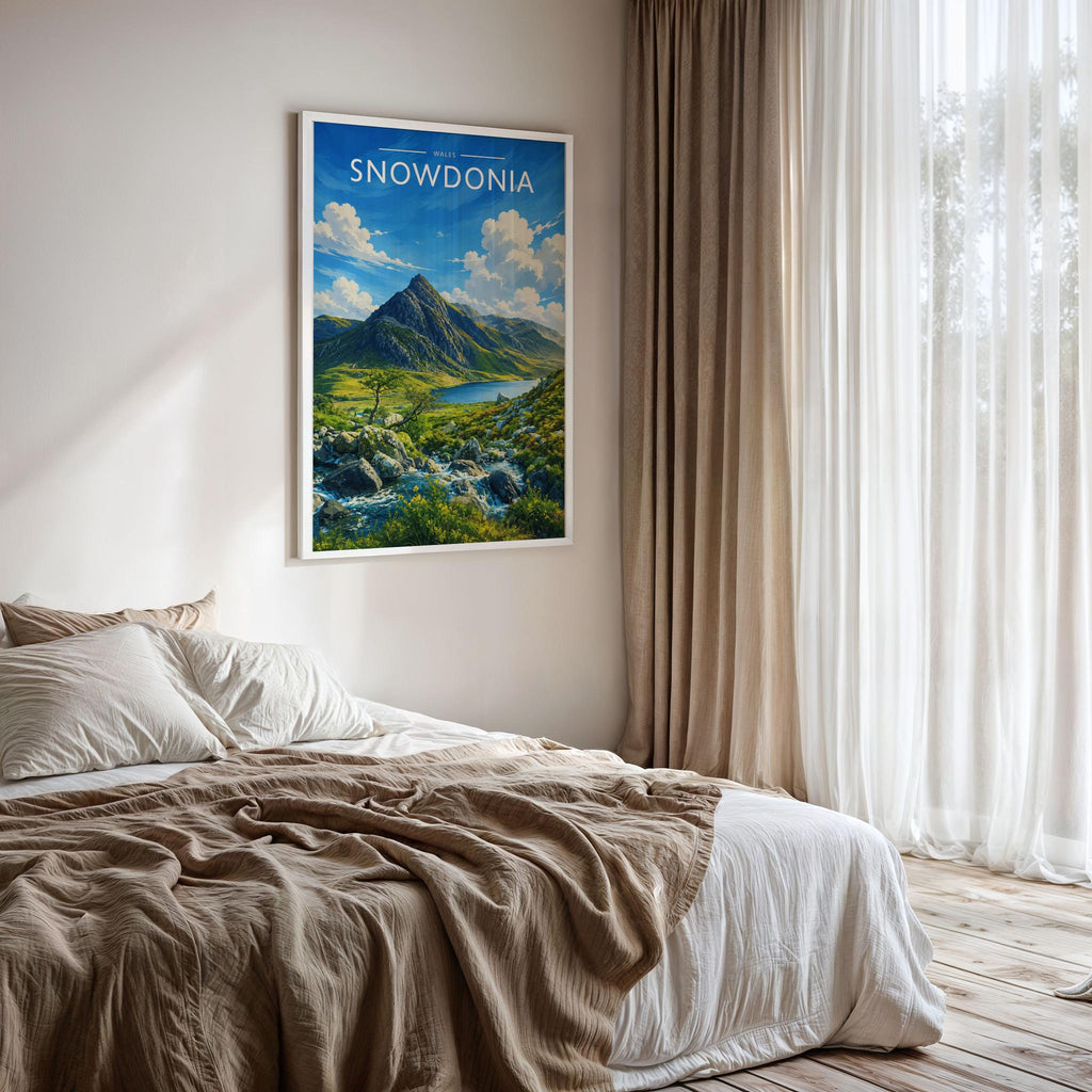 Snowdonia #3 Travel Poster framed on a bedroom wall