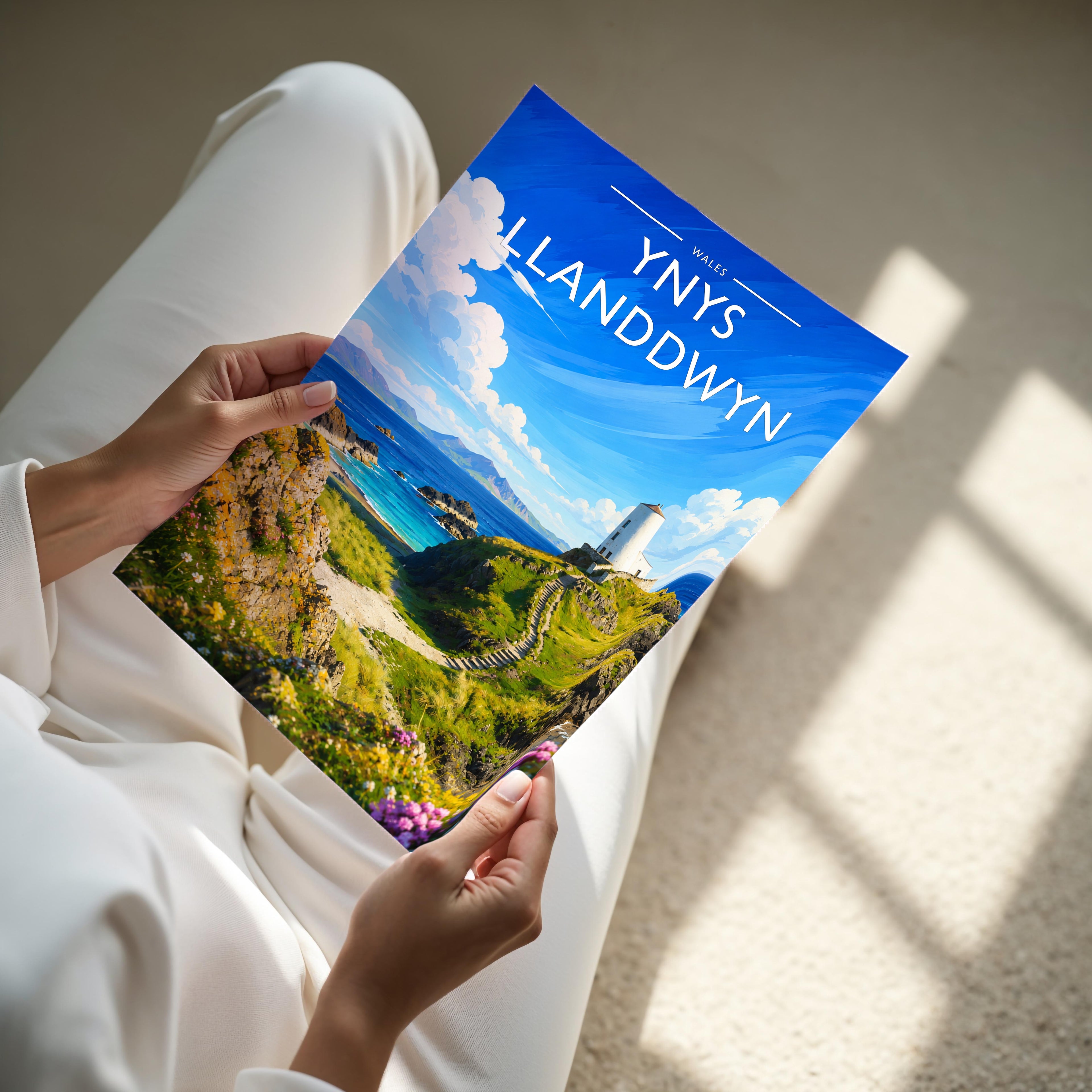Ynys Llanddwyn Travel Poster - A4 print held in hand