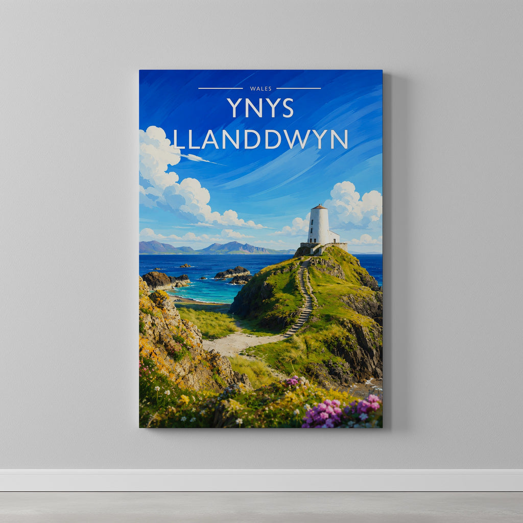Ynys Llanddwyn Travel Poster as a gallery-wrapped canvas on a plain wall