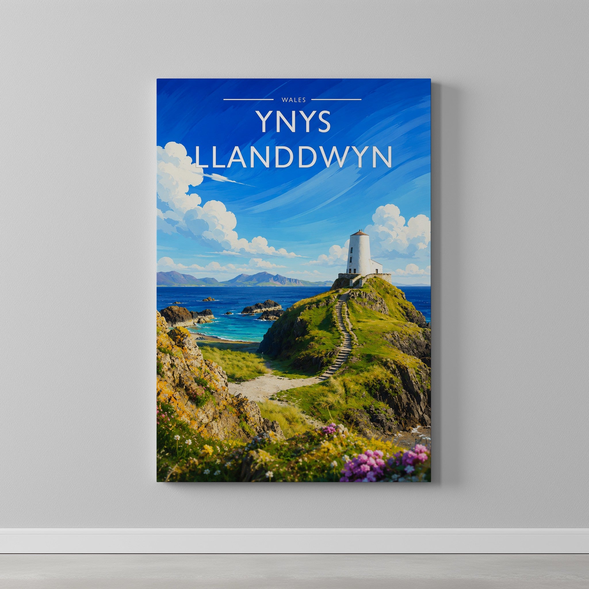 Ynys Llanddwyn Travel Poster as a gallery-wrapped canvas on a plain wall