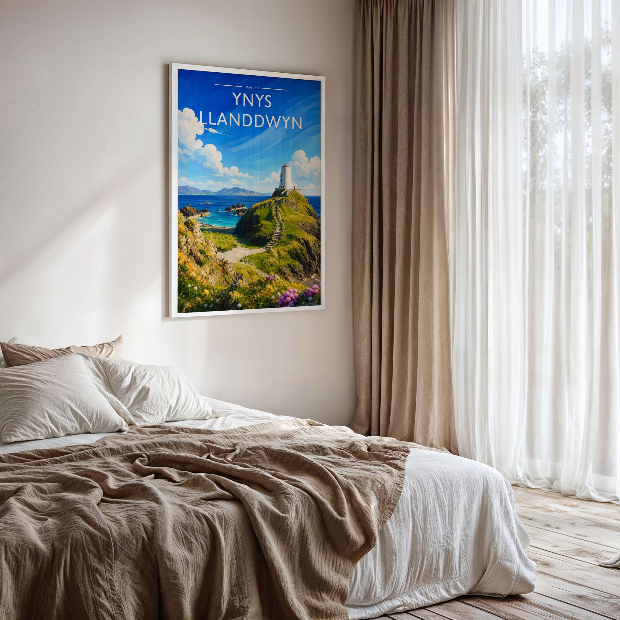 Ynys Llanddwyn Travel Poster framed on a bedroom wall