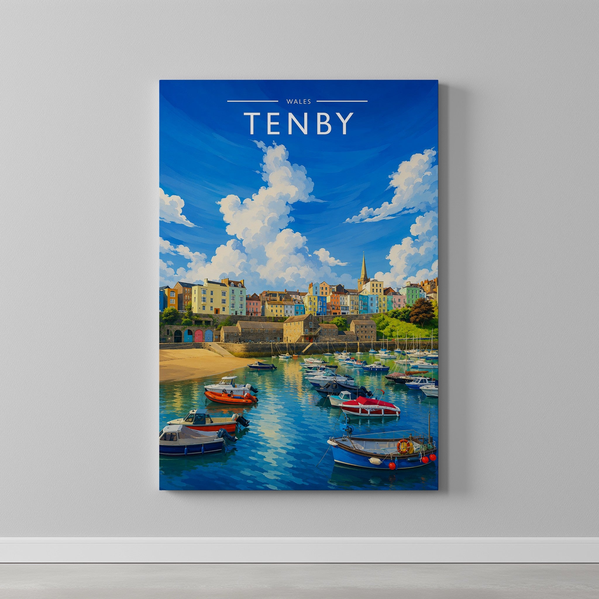 Tenby #2 Travel Poster as a gallery-wrapped canvas on a plain wall