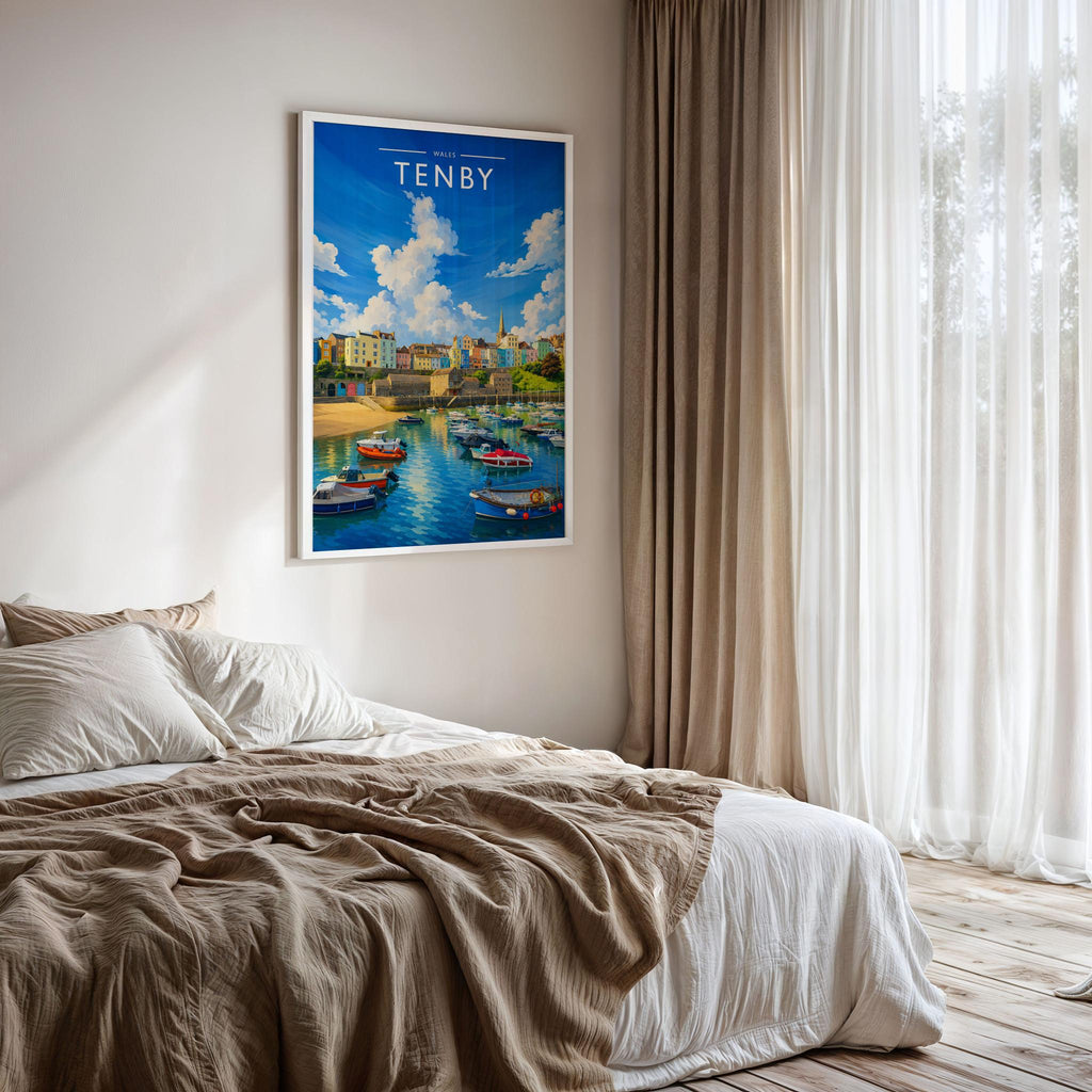 Tenby #2 Travel Poster framed on a bedroom wall