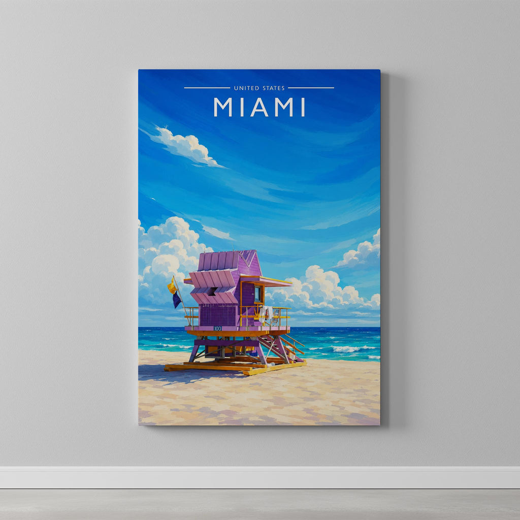 Miami #3 Travel Poster as a gallery-wrapped canvas on a plain wall