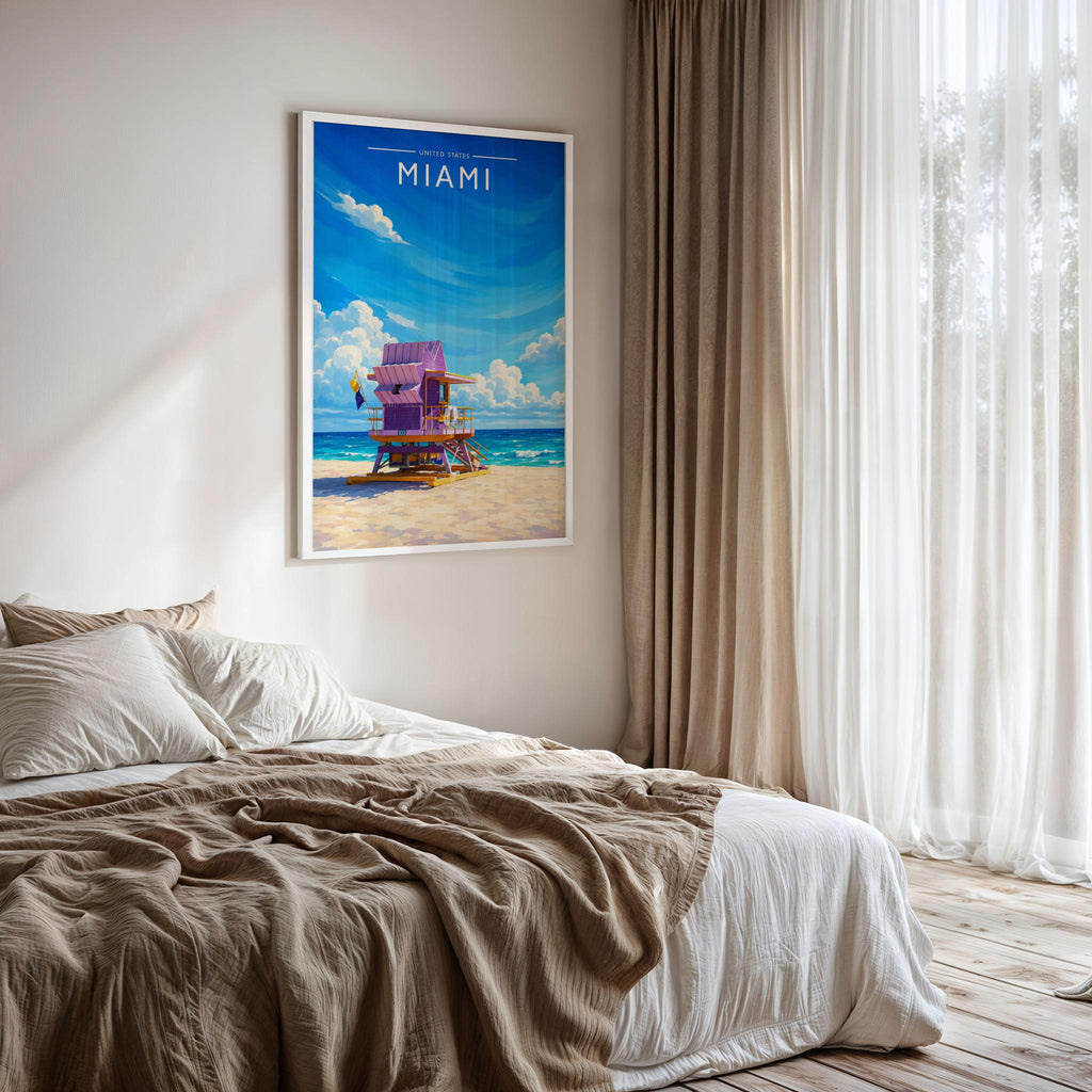 Miami #3 Travel Poster framed on a bedroom wall