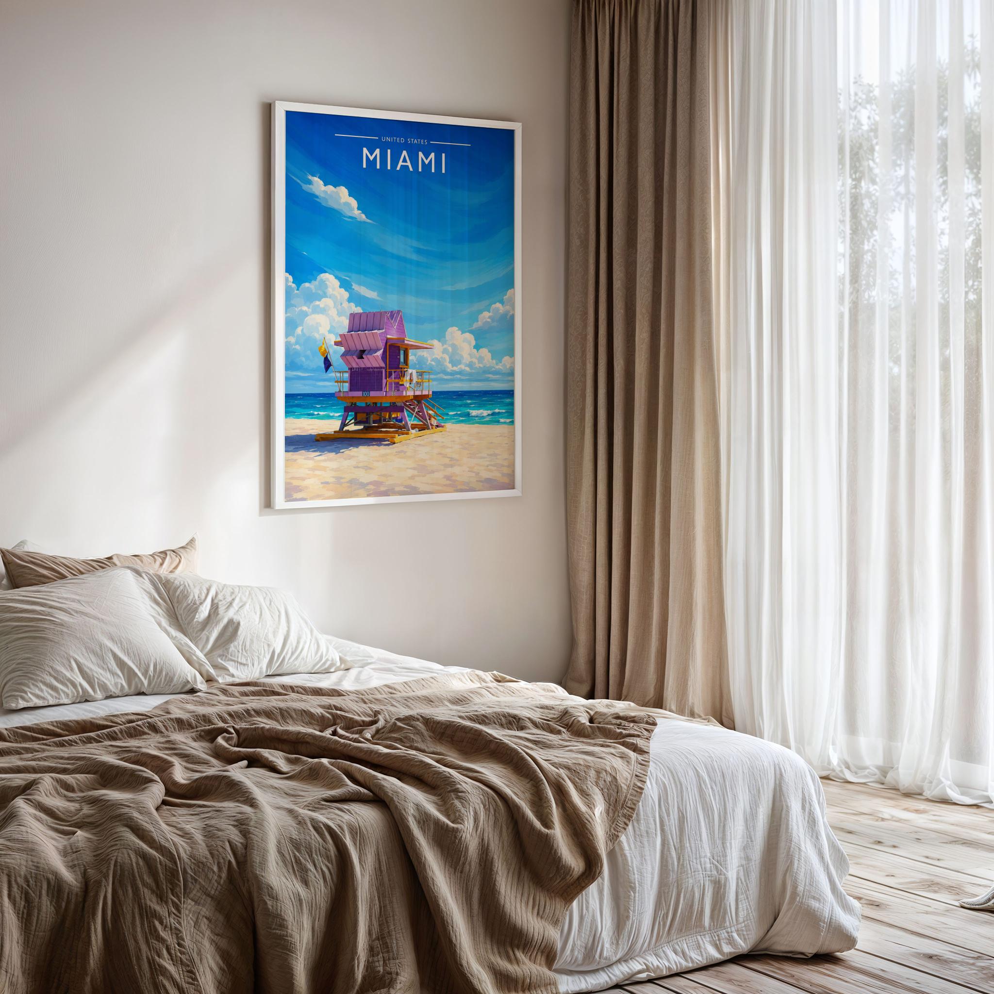 Miami #3 Travel Poster framed on a bedroom wall