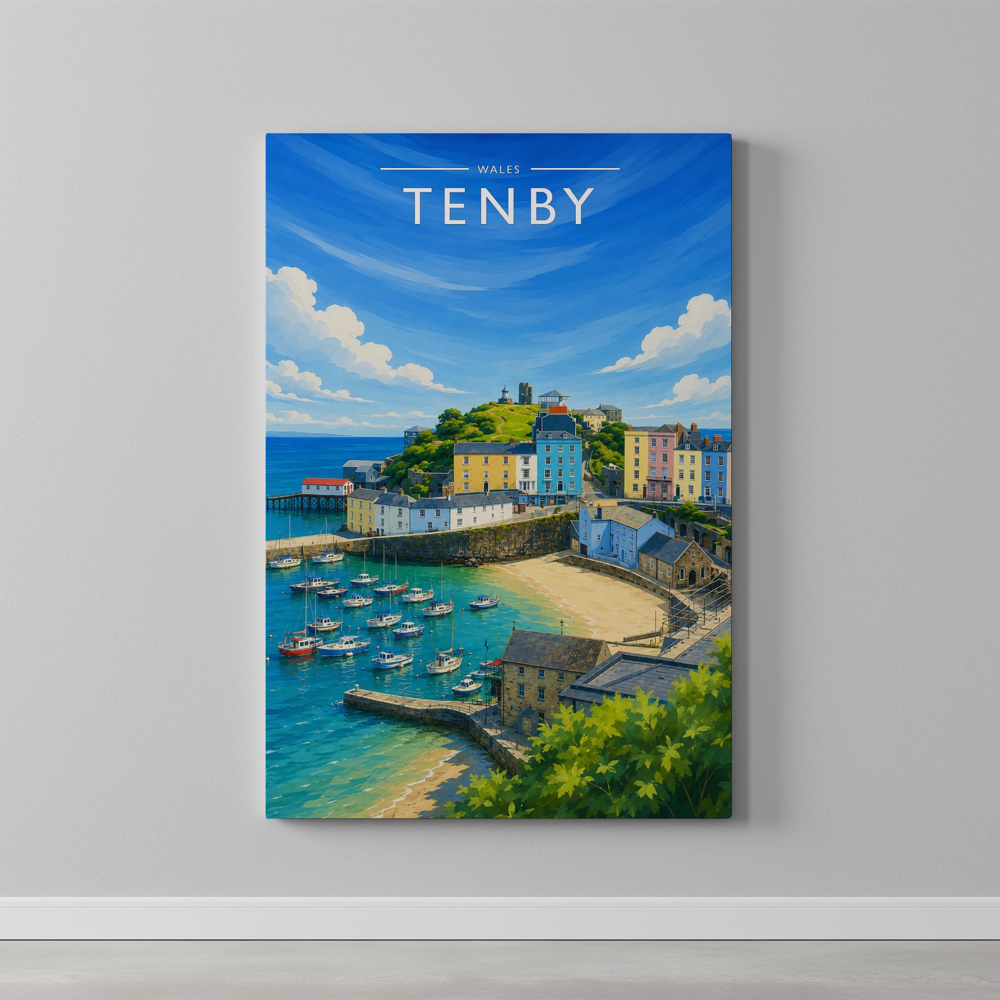 Tenby #3 Travel Poster as a gallery-wrapped canvas on a plain wall