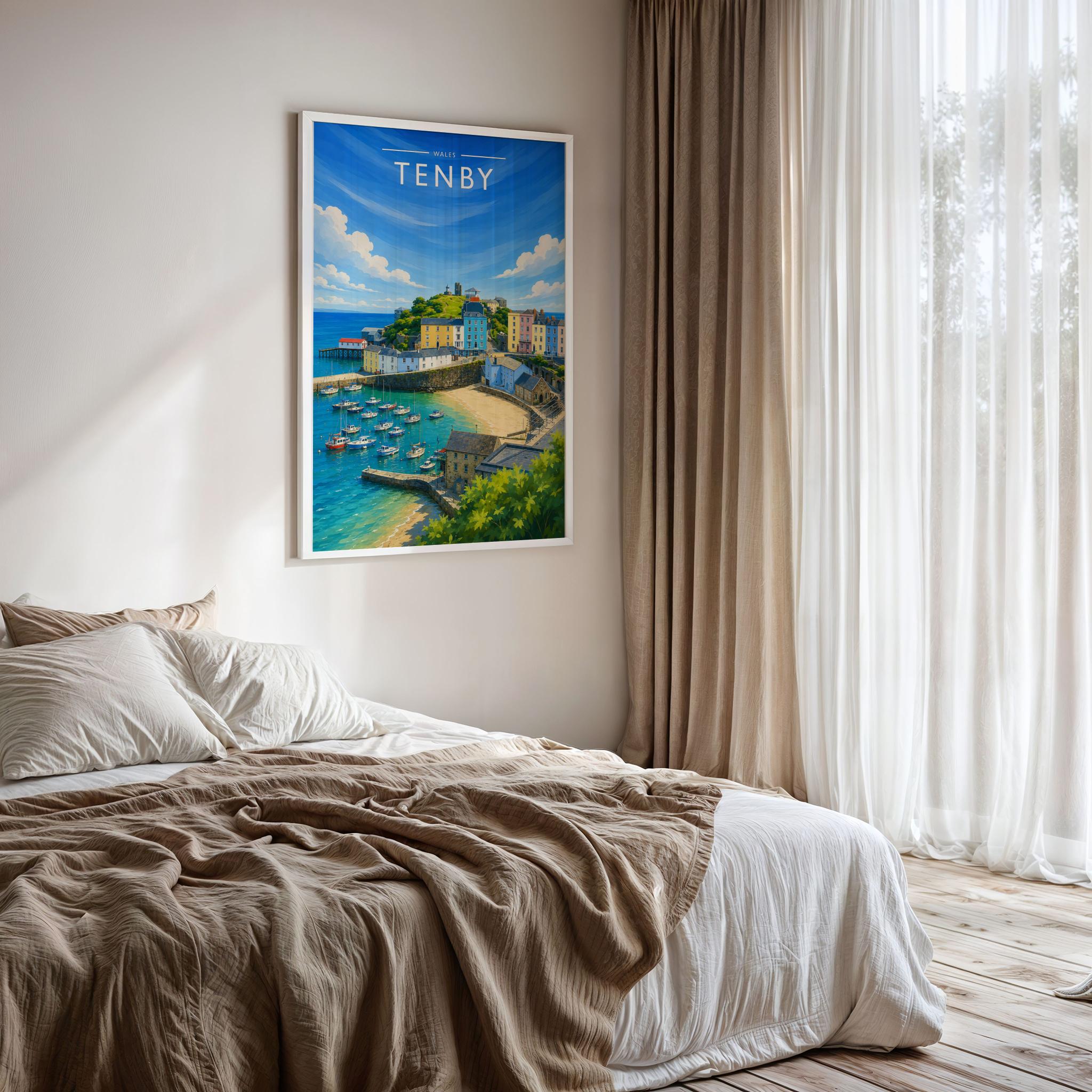 Tenby #3 Travel Poster framed on a bedroom wall