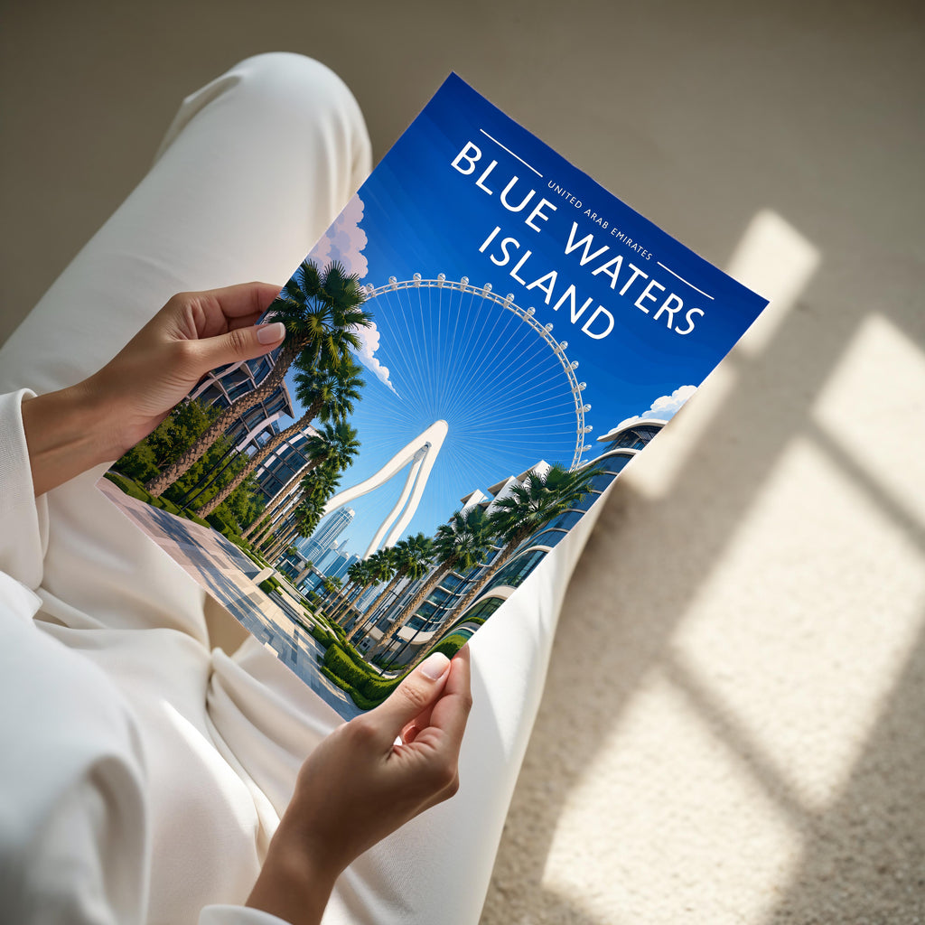 Blue Waters Island Travel Poster - A4 print held in hand