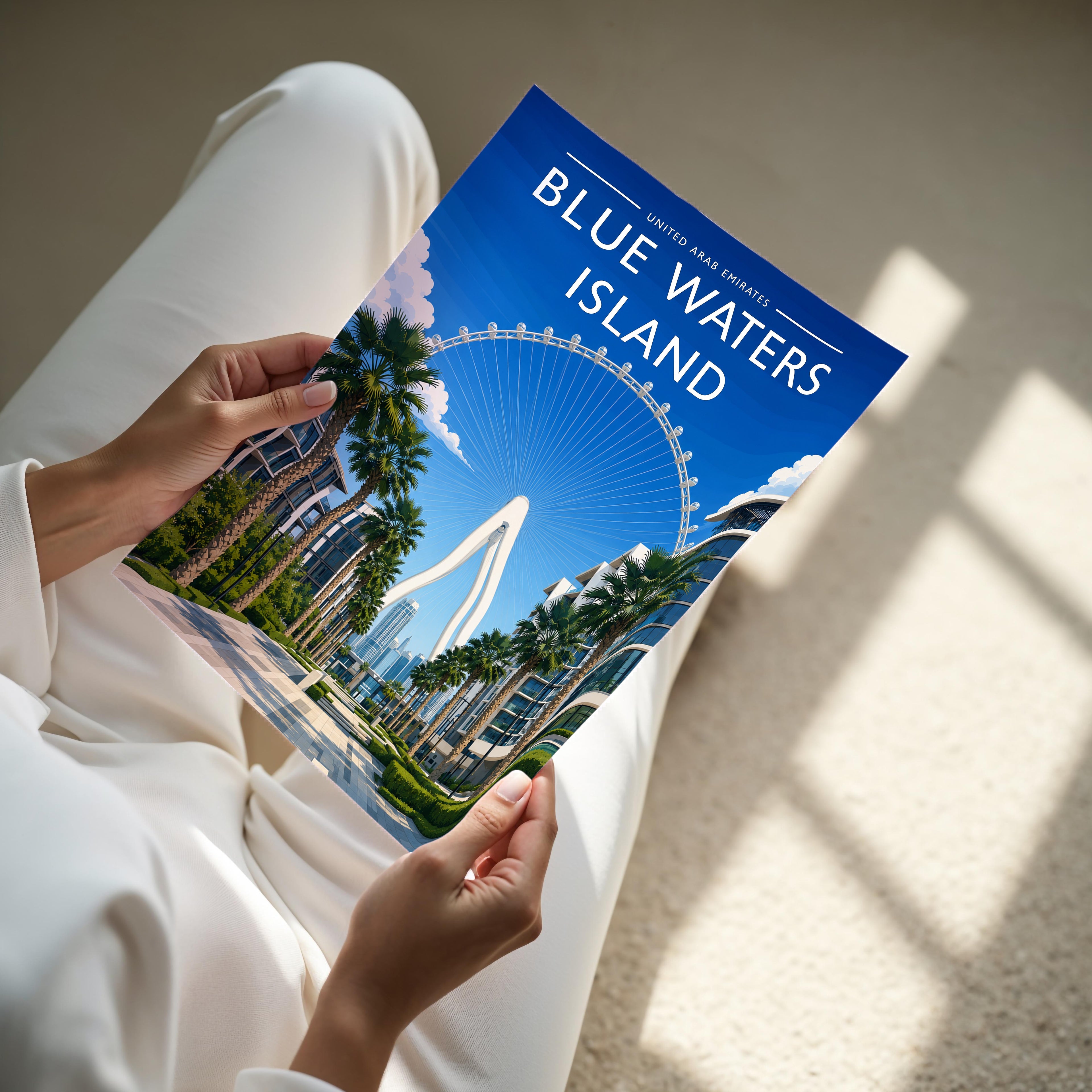 Blue Waters Island Travel Poster - A4 print held in hand
