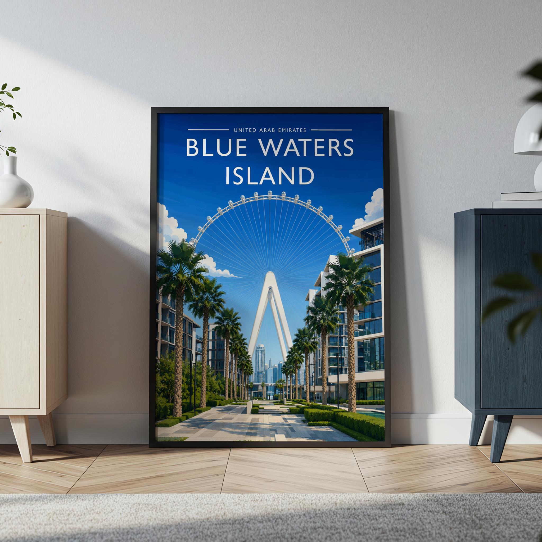 Blue Waters Island Travel Poster in a black frame