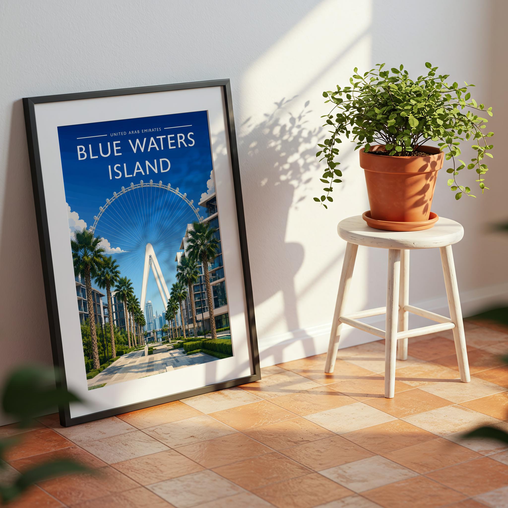 Blue Waters Island Travel Poster mounted in a black frame