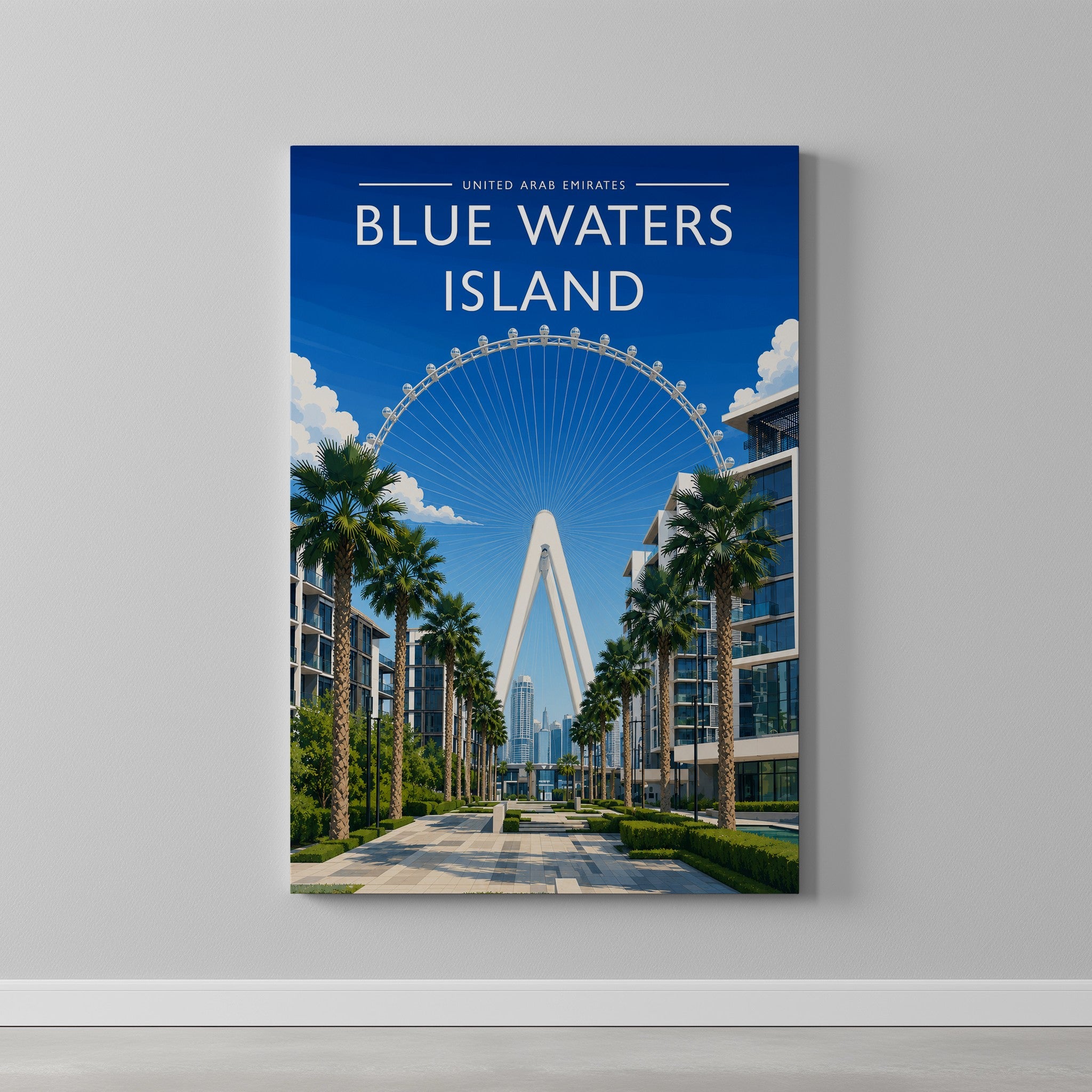 Blue Waters Island Travel Poster as a gallery-wrapped canvas on a plain wall
