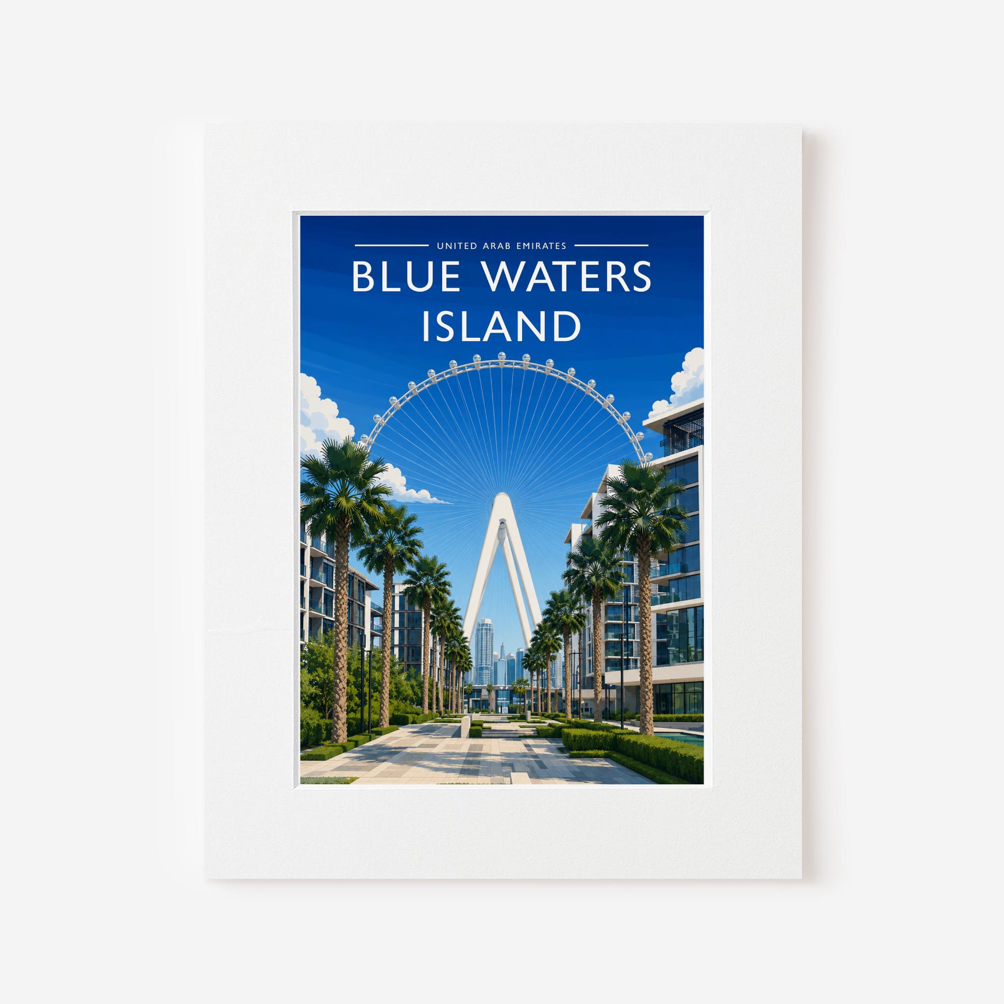 Blue Waters Island Travel Poster in a white mount board