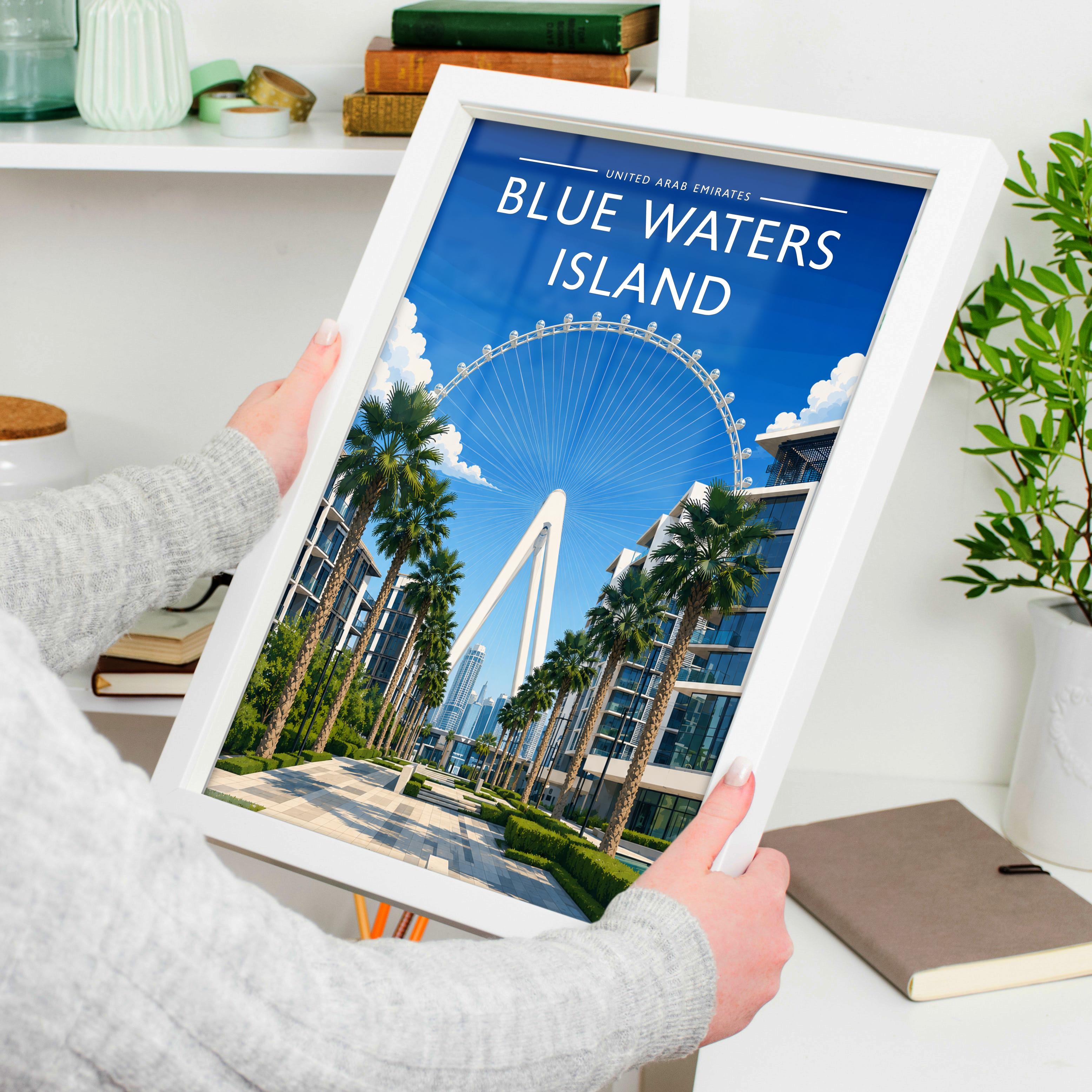 Blue Waters Island Travel Poster held in a white frame