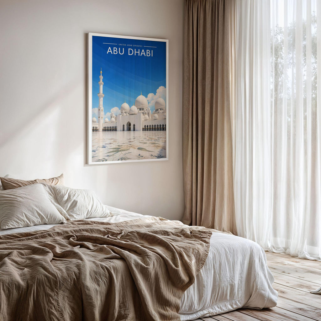 Abu Dhabi #5 Travel Poster framed on a bedroom wall