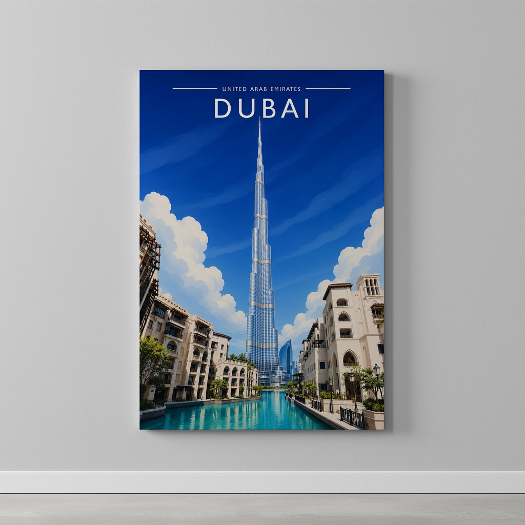 Dubai #2 Travel Poster as a gallery-wrapped canvas on a plain wall