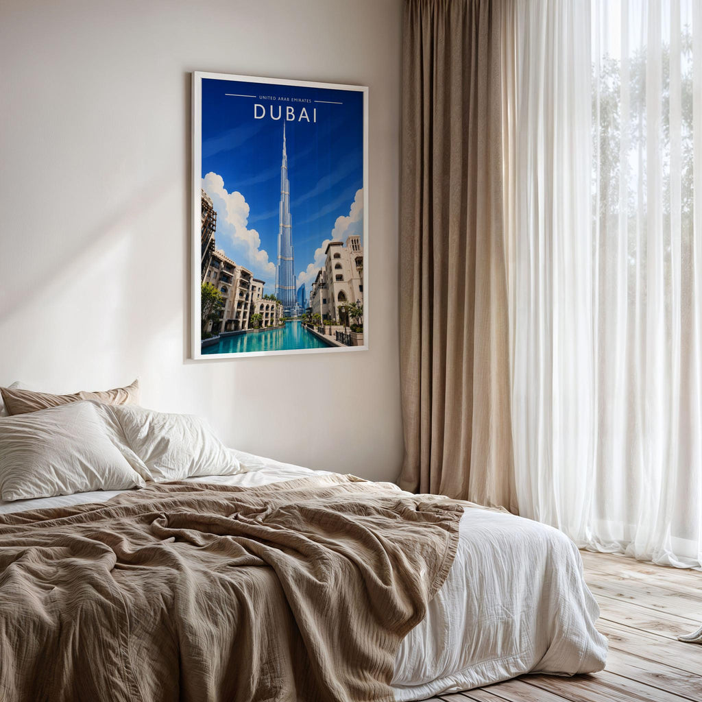 Dubai #2 Travel Poster framed on a bedroom wall