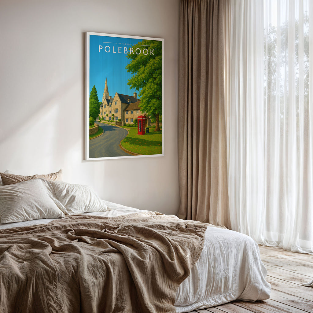 Polebrook Travel Poster framed on a bedroom wall