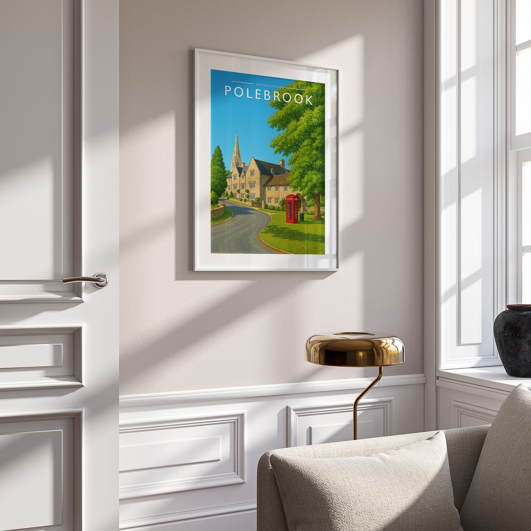 Polebrook Travel Poster in a white frame on a panelled wall