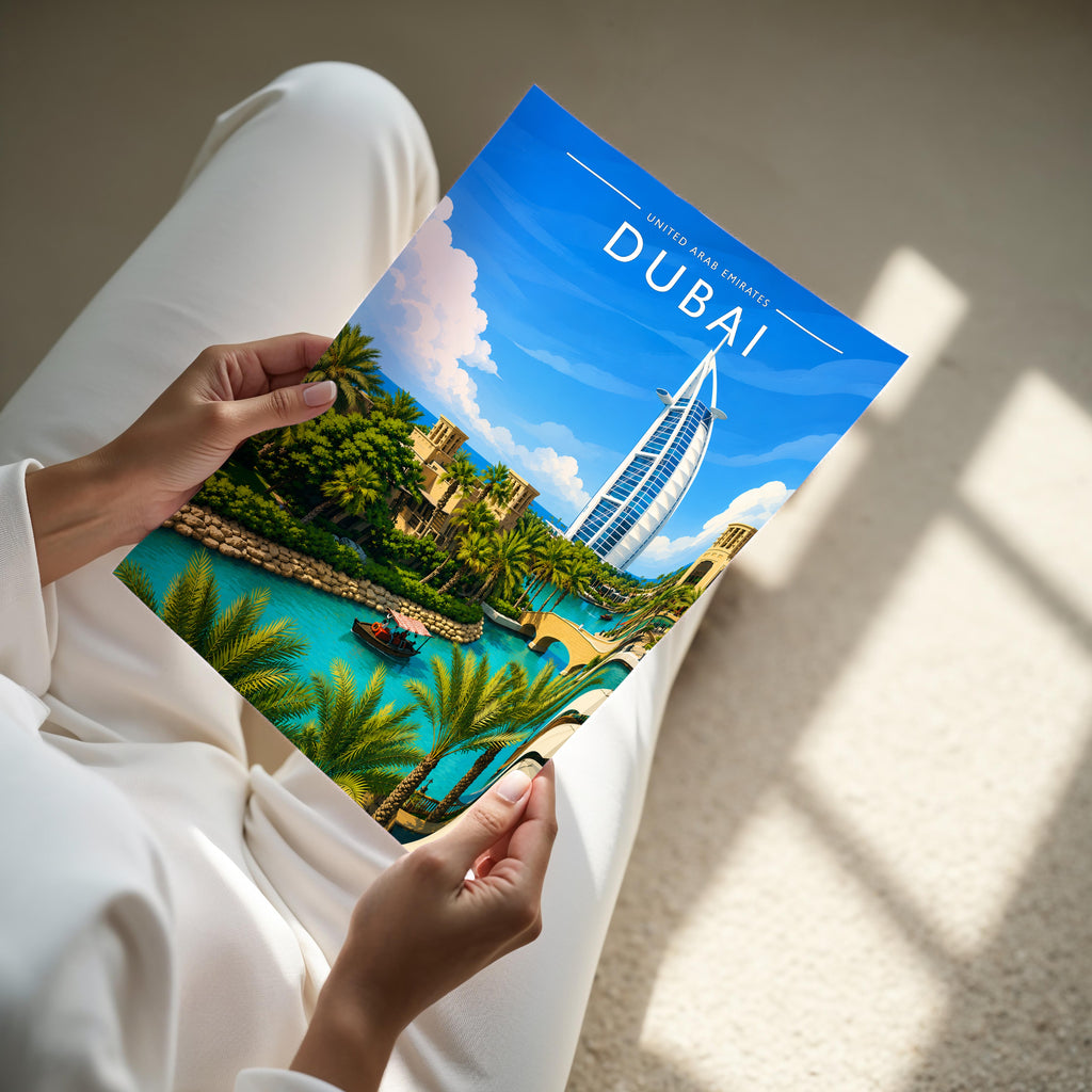 Dubai #3 Travel Poster - A4 print held in hand