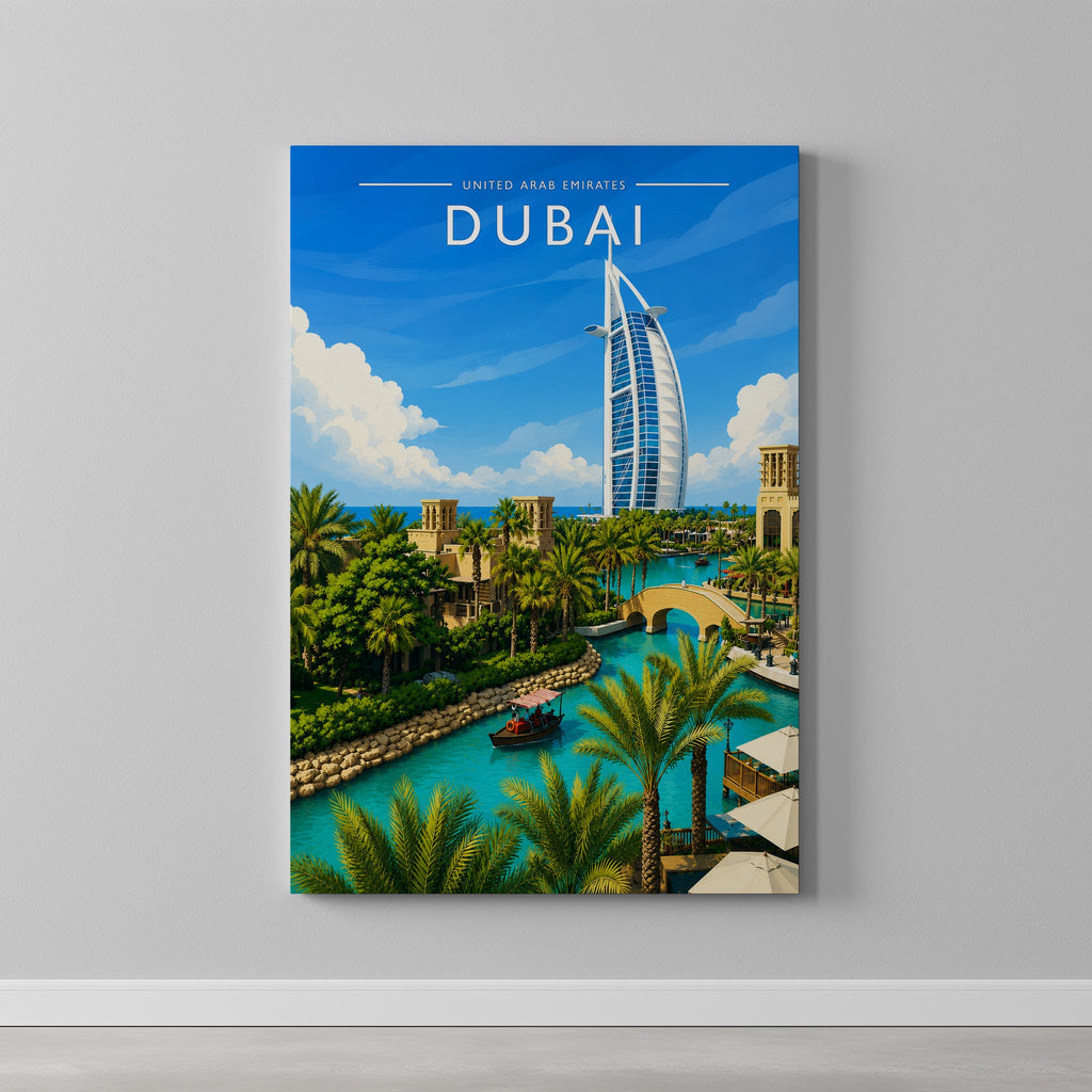 Dubai #3 Travel Poster as a gallery-wrapped canvas on a plain wall