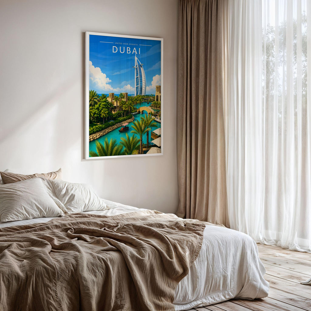Dubai #3 Travel Poster framed on a bedroom wall