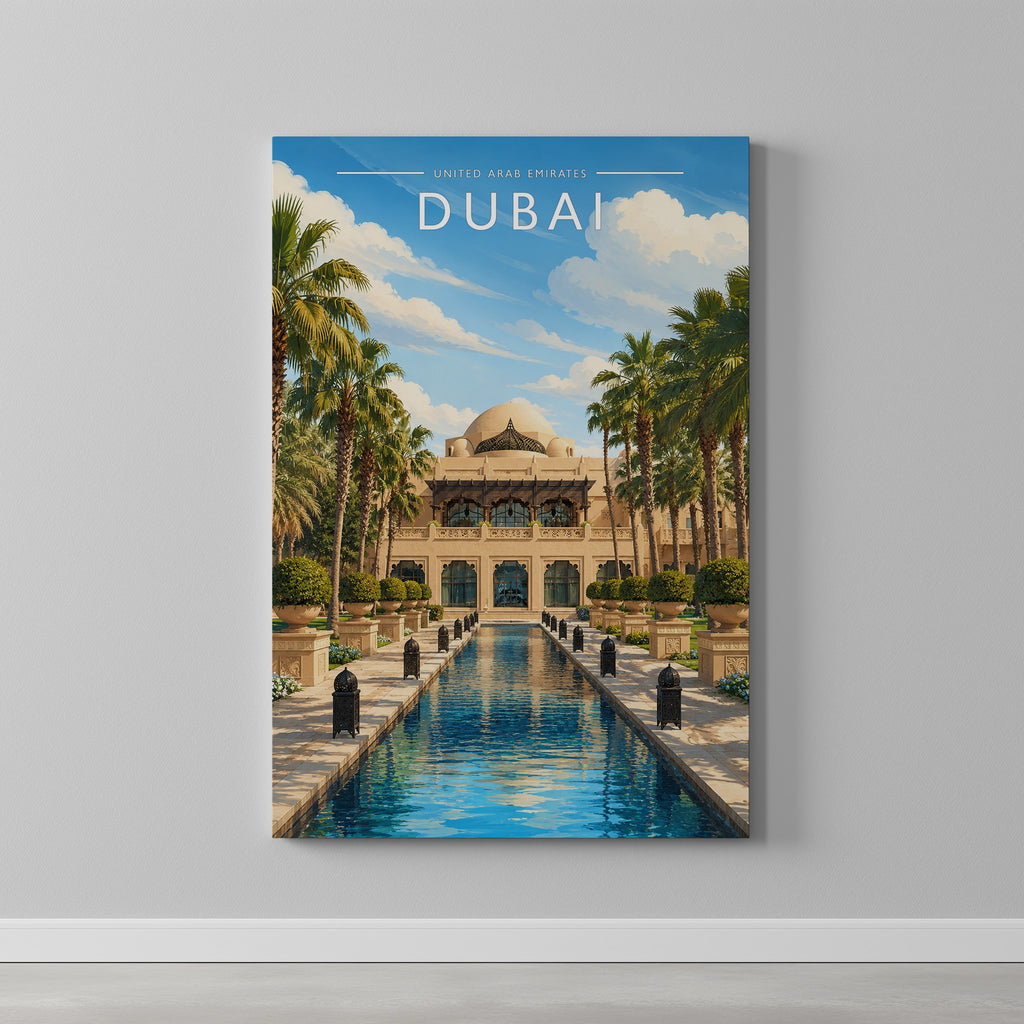 Dubai #4 Travel Poster as a gallery-wrapped canvas on a plain wall