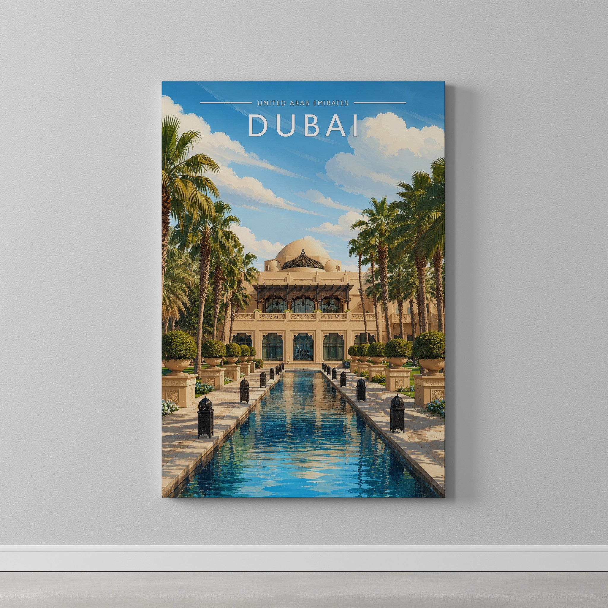 Dubai #4 Travel Poster as a gallery-wrapped canvas on a plain wall