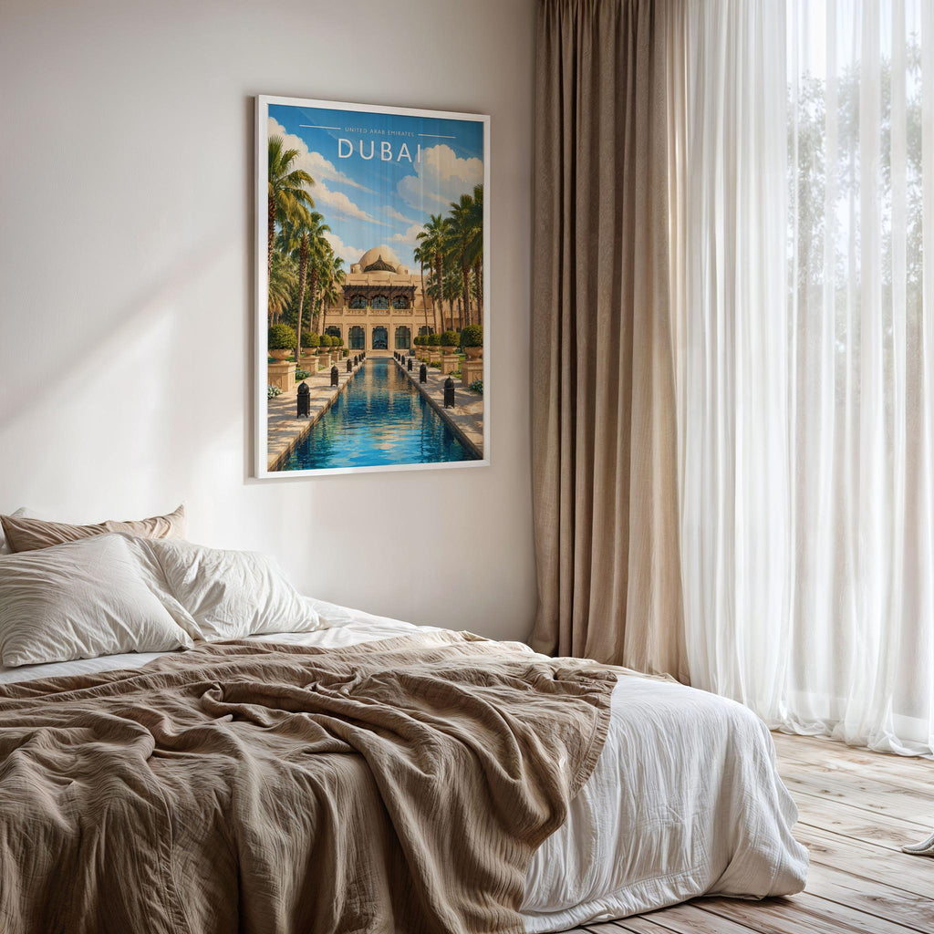 Dubai #4 Travel Poster framed on a bedroom wall