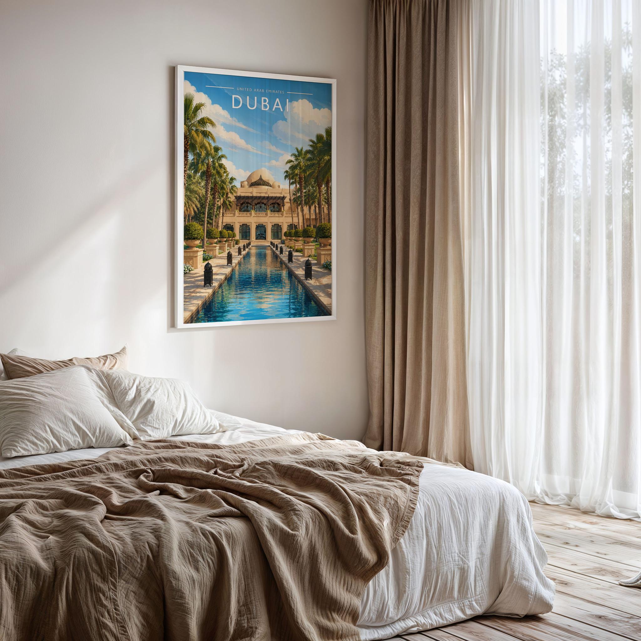Dubai #4 Travel Poster framed on a bedroom wall