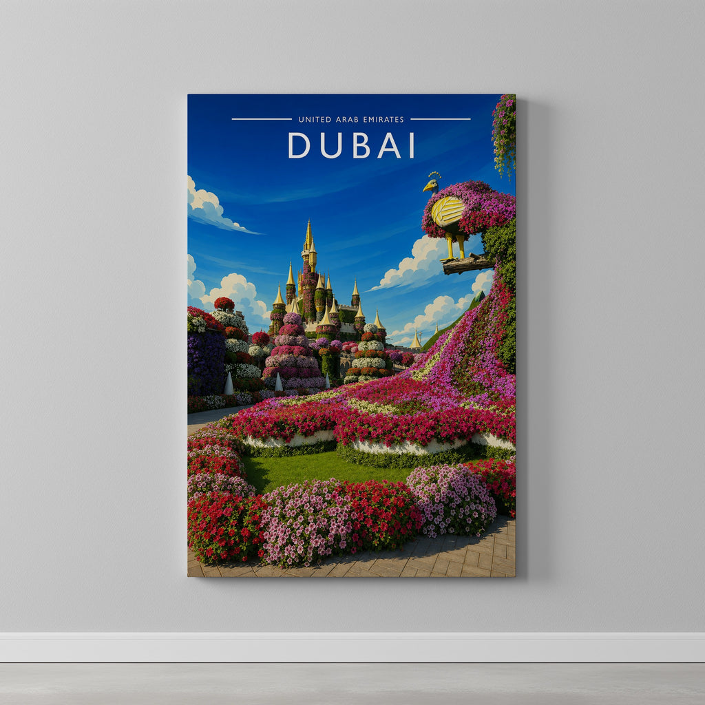 Dubai #5 Travel Poster as a gallery-wrapped canvas on a plain wall