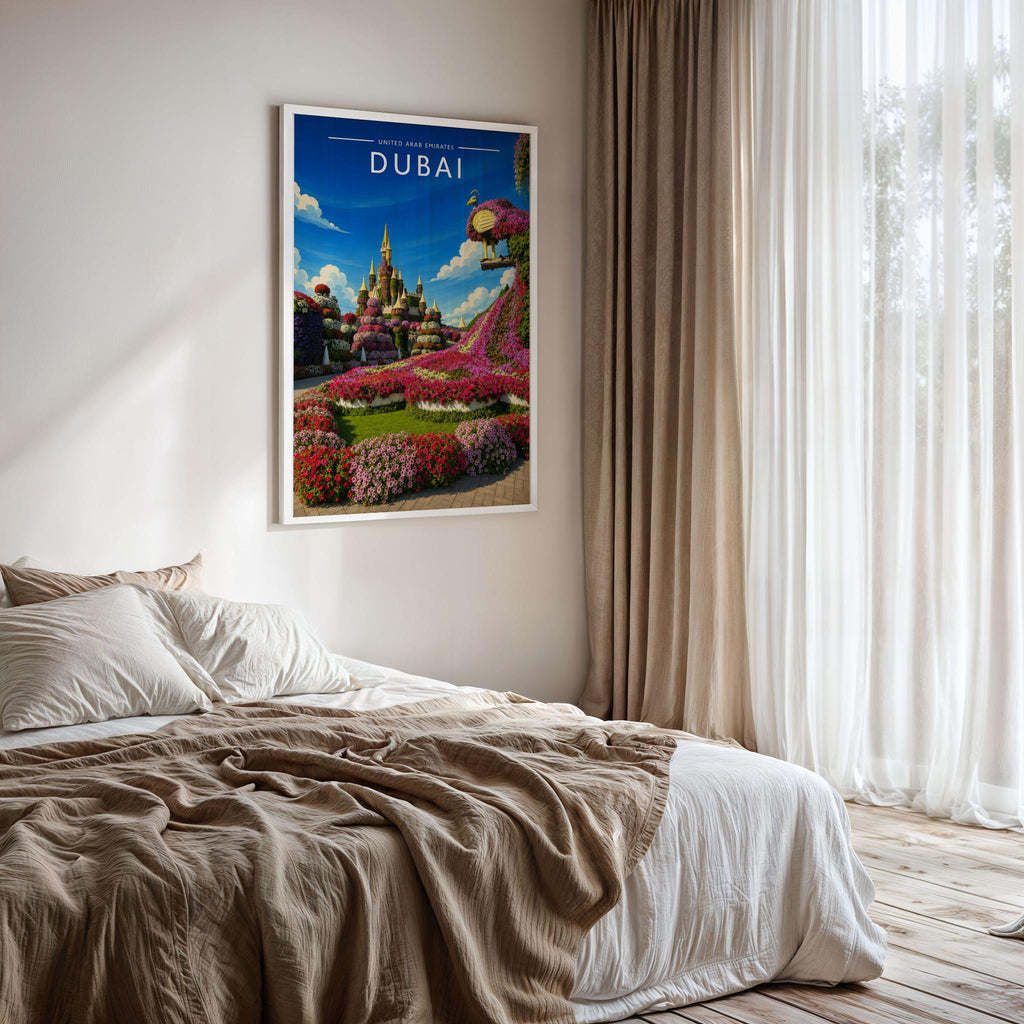 Dubai #5 Travel Poster framed on a bedroom wall