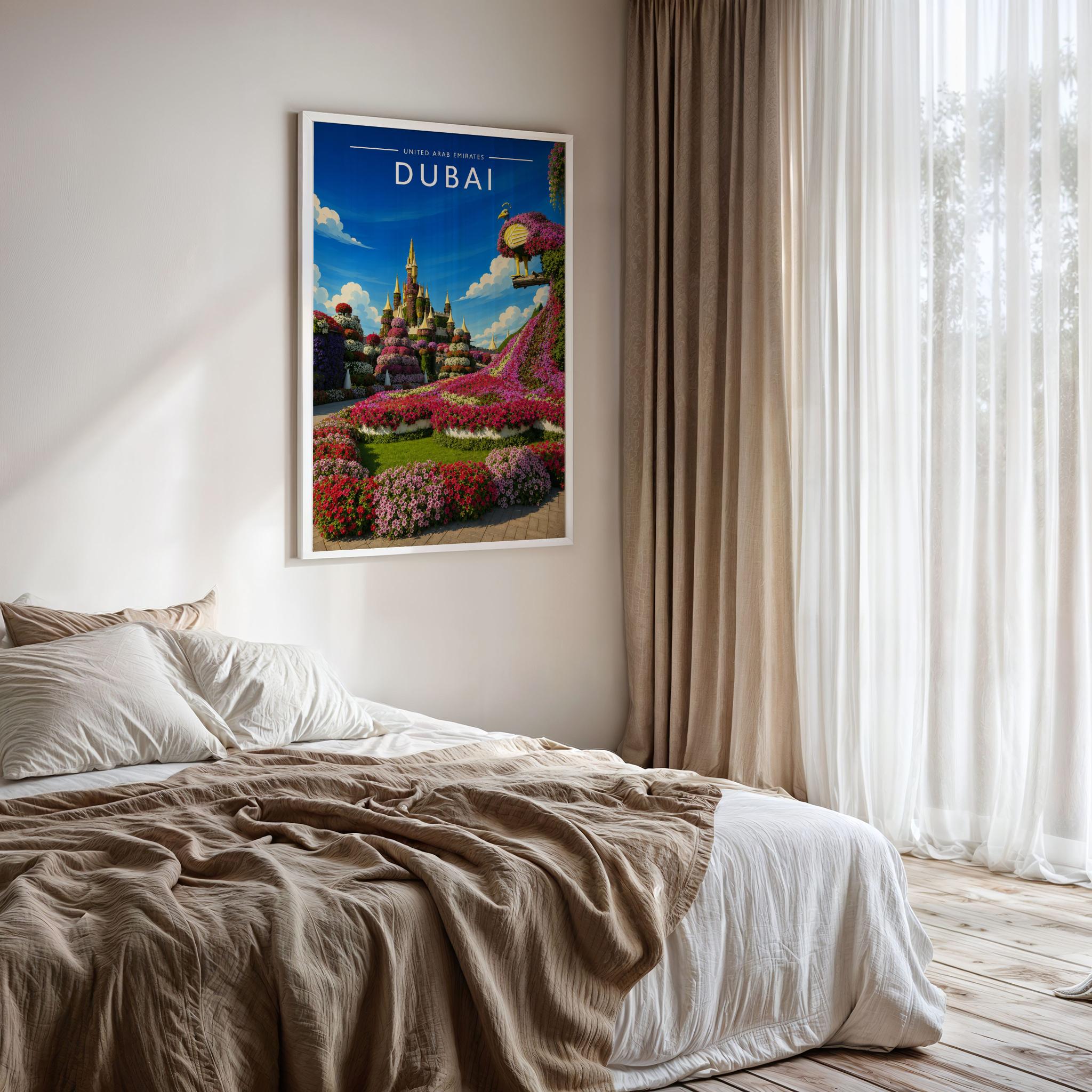 Dubai #5 Travel Poster framed on a bedroom wall