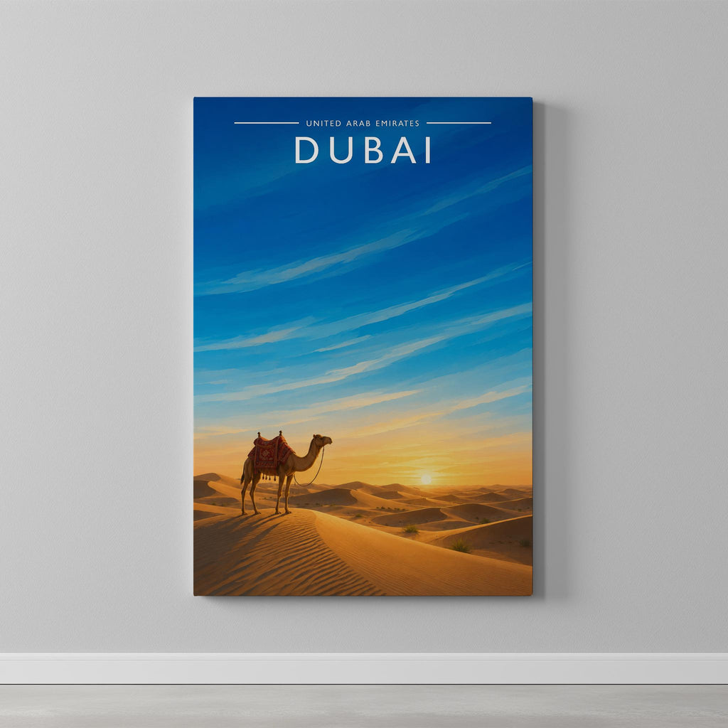 Dubai #6 Travel Poster as a gallery-wrapped canvas on a plain wall