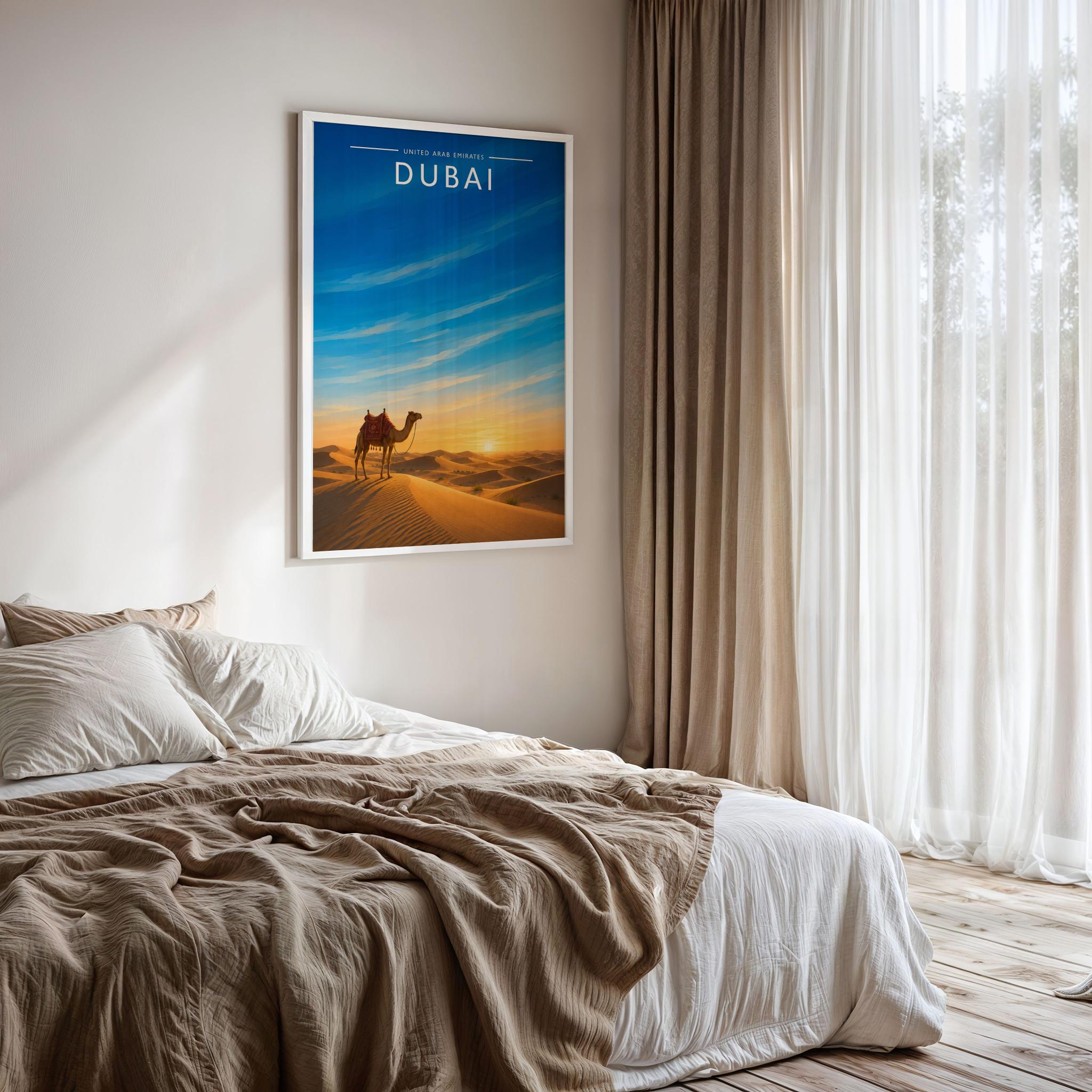 Dubai #6 Travel Poster framed on a bedroom wall