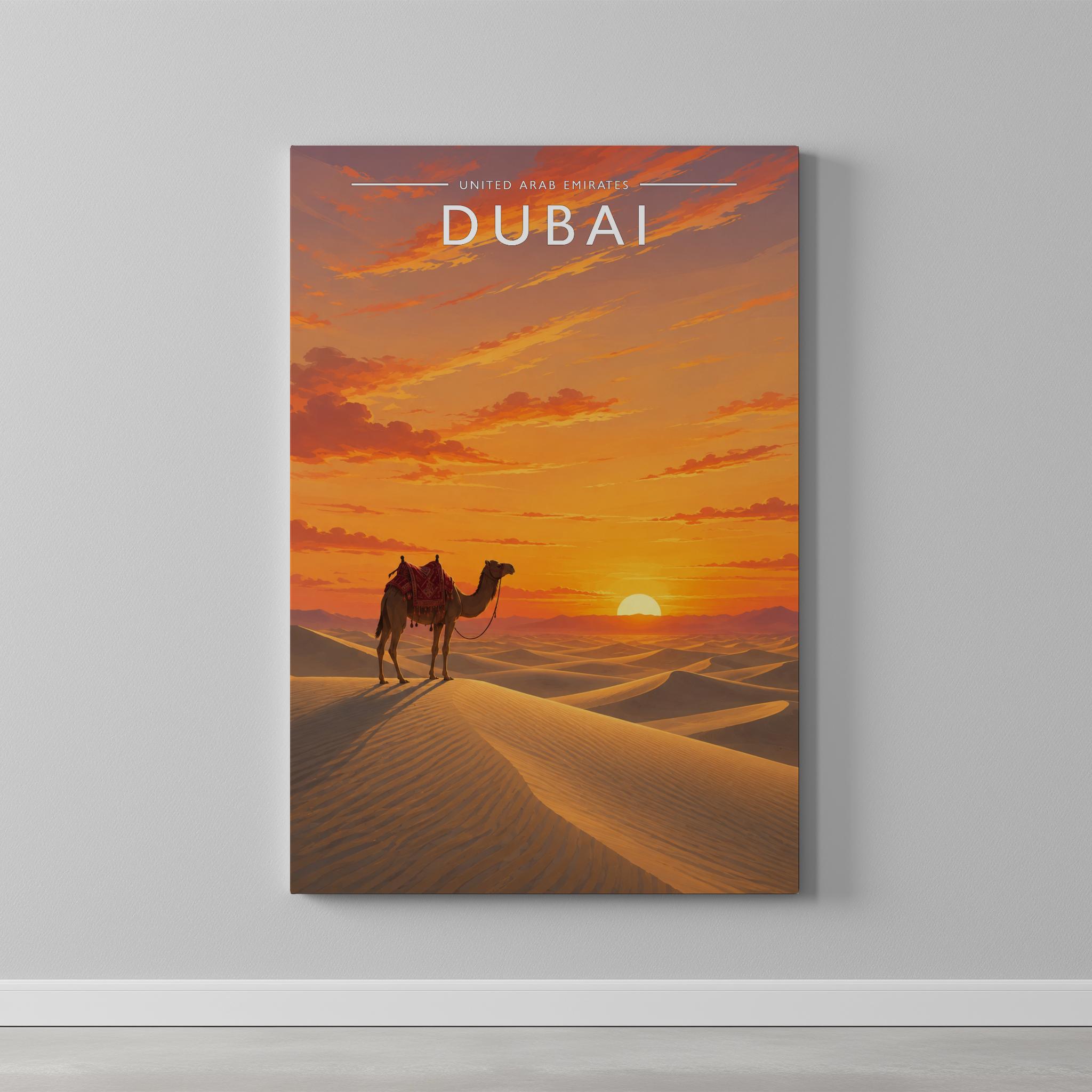 Dubai #7 Travel Poster as a gallery-wrapped canvas on a plain wall