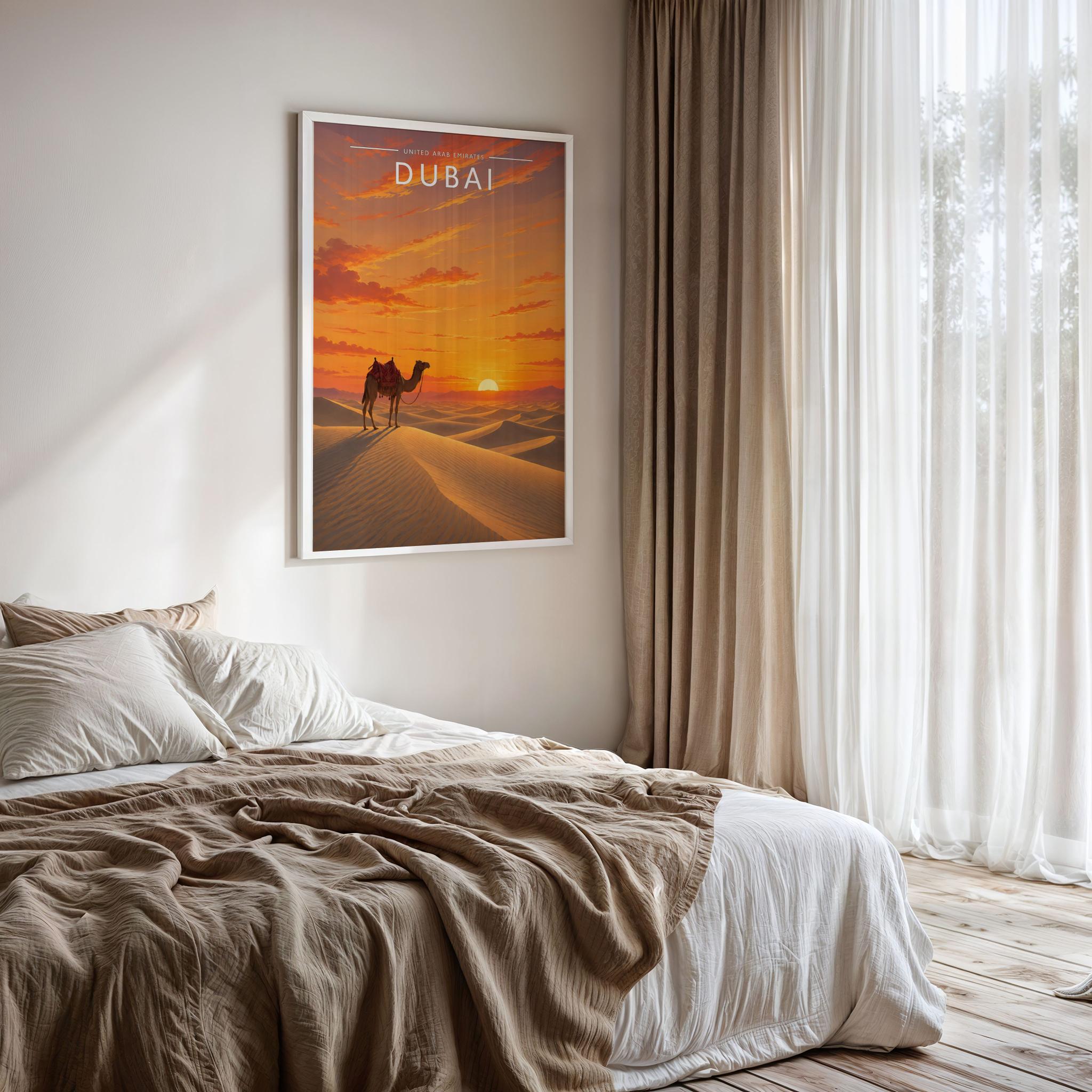 Dubai #7 Travel Poster framed on a bedroom wall