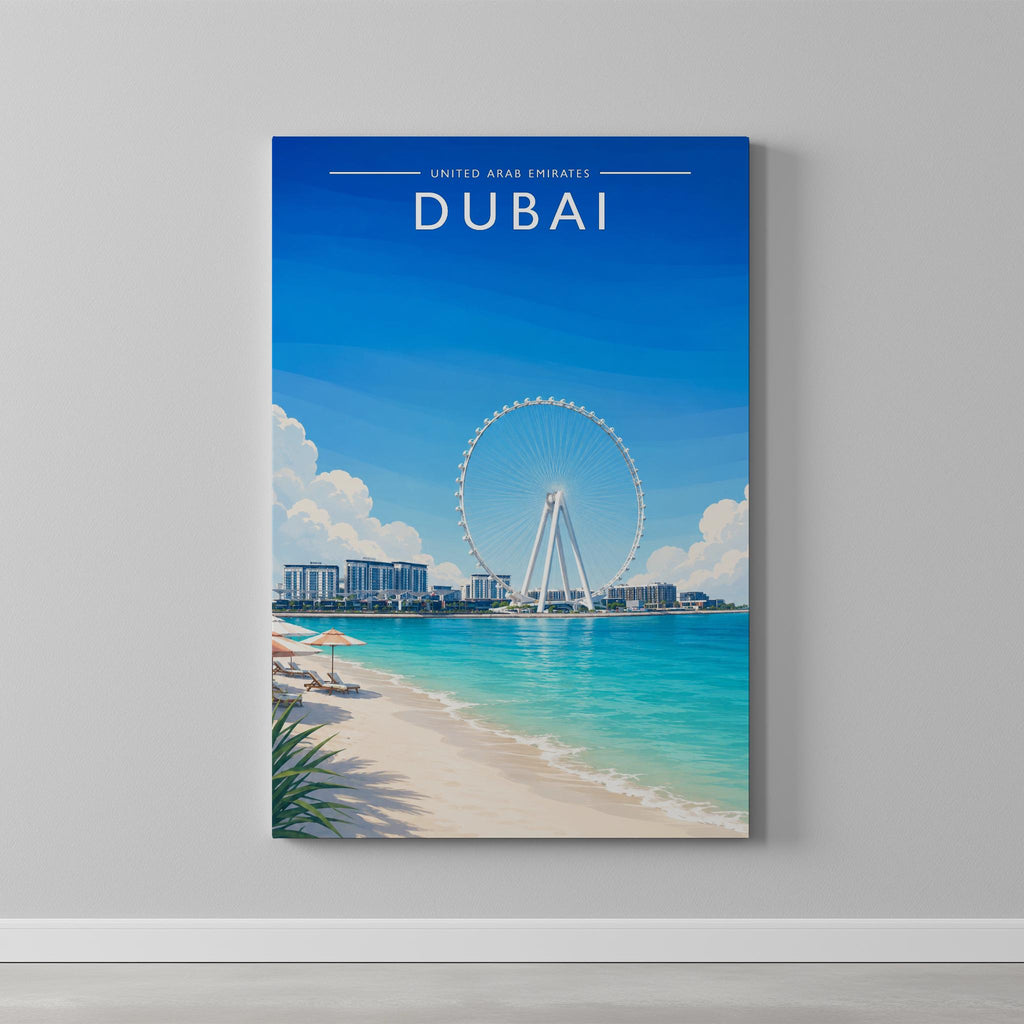 Dubai #8 Travel Poster as a gallery-wrapped canvas on a plain wall
