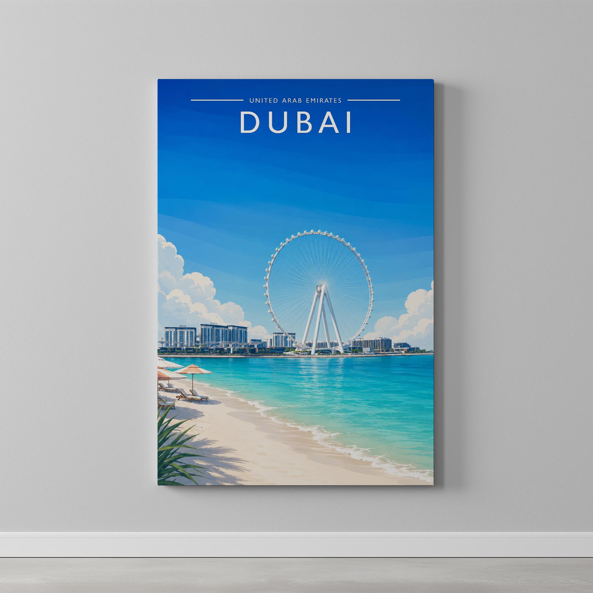 Dubai #8 Travel Poster as a gallery-wrapped canvas on a plain wall
