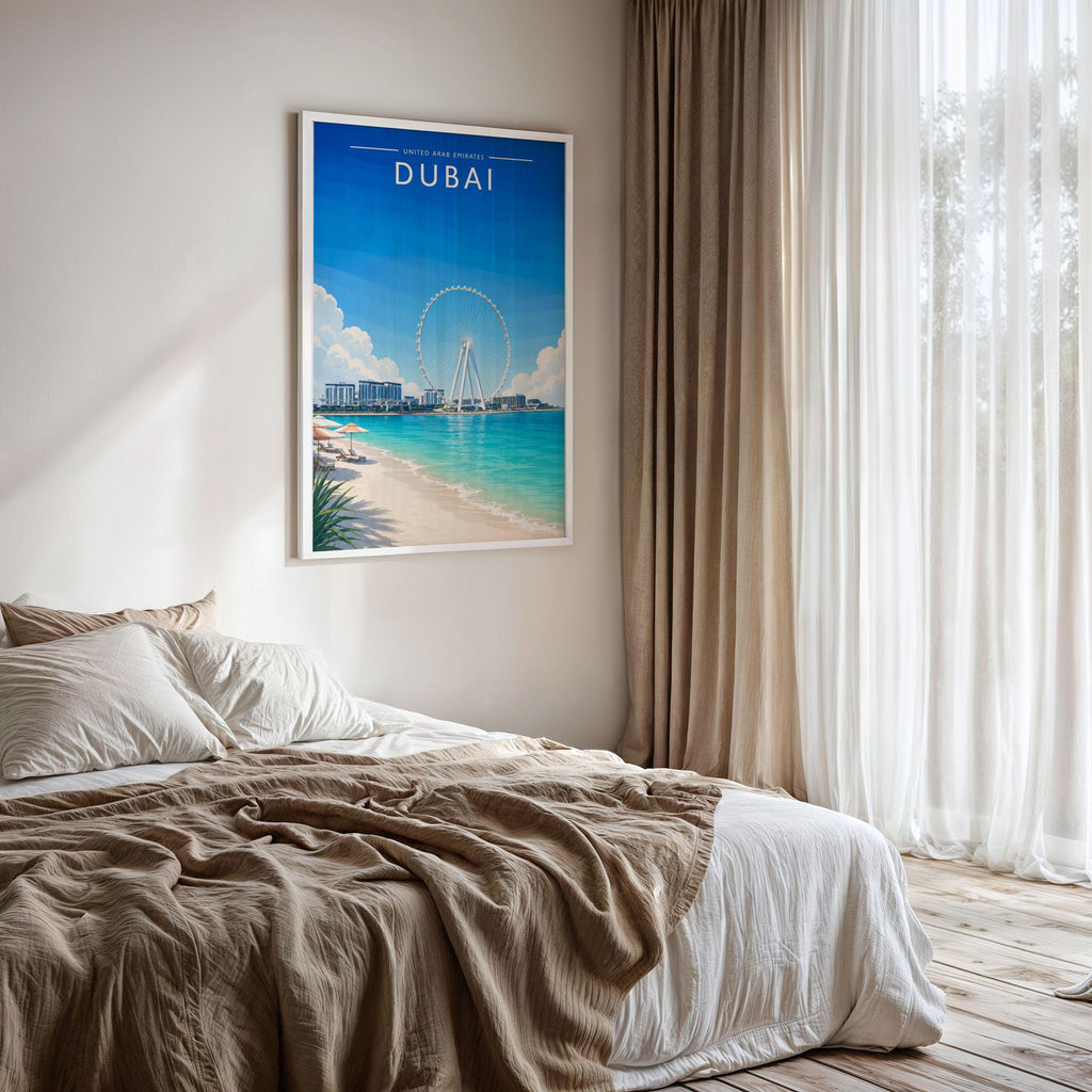 Dubai #8 Travel Poster framed on a bedroom wall