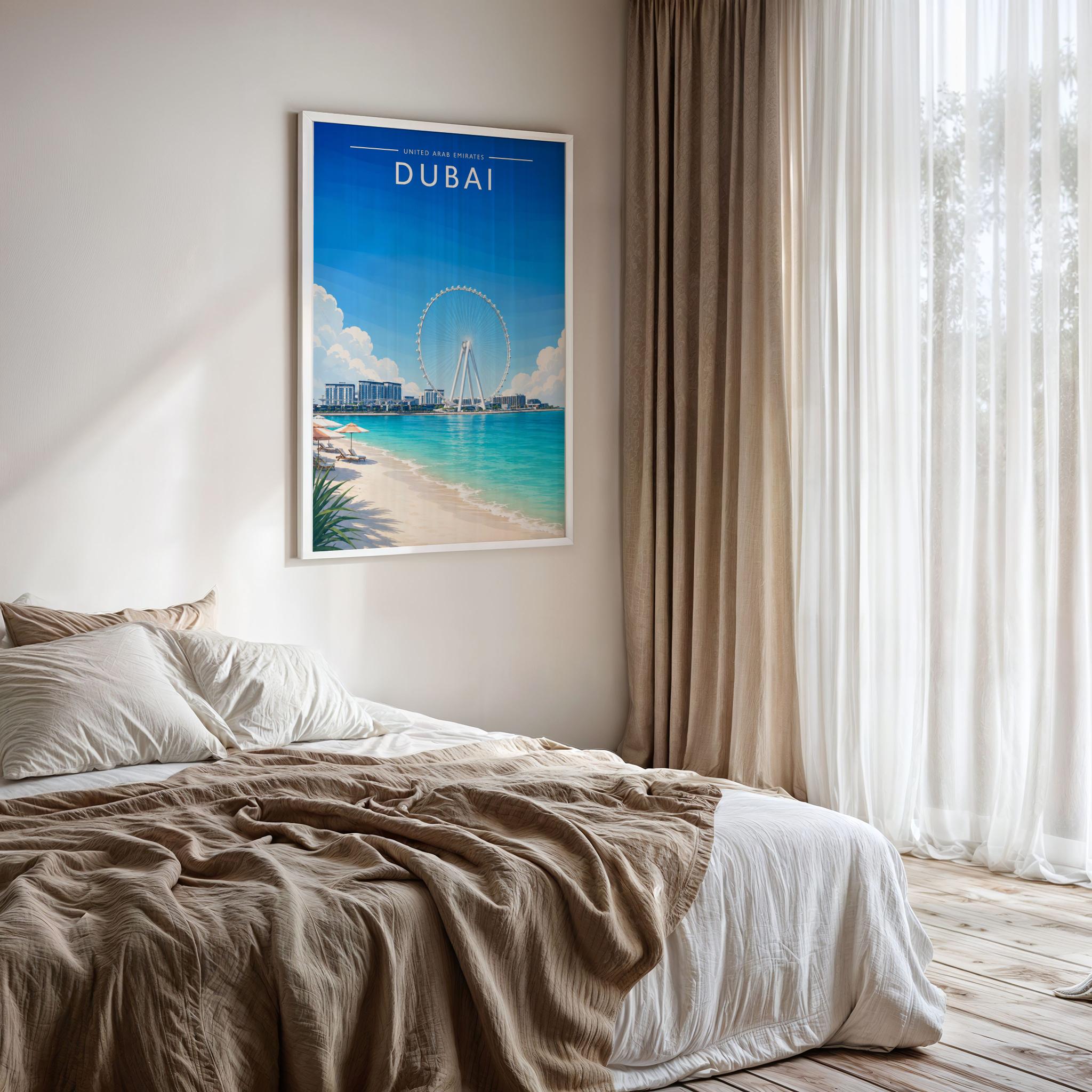Dubai #8 Travel Poster framed on a bedroom wall
