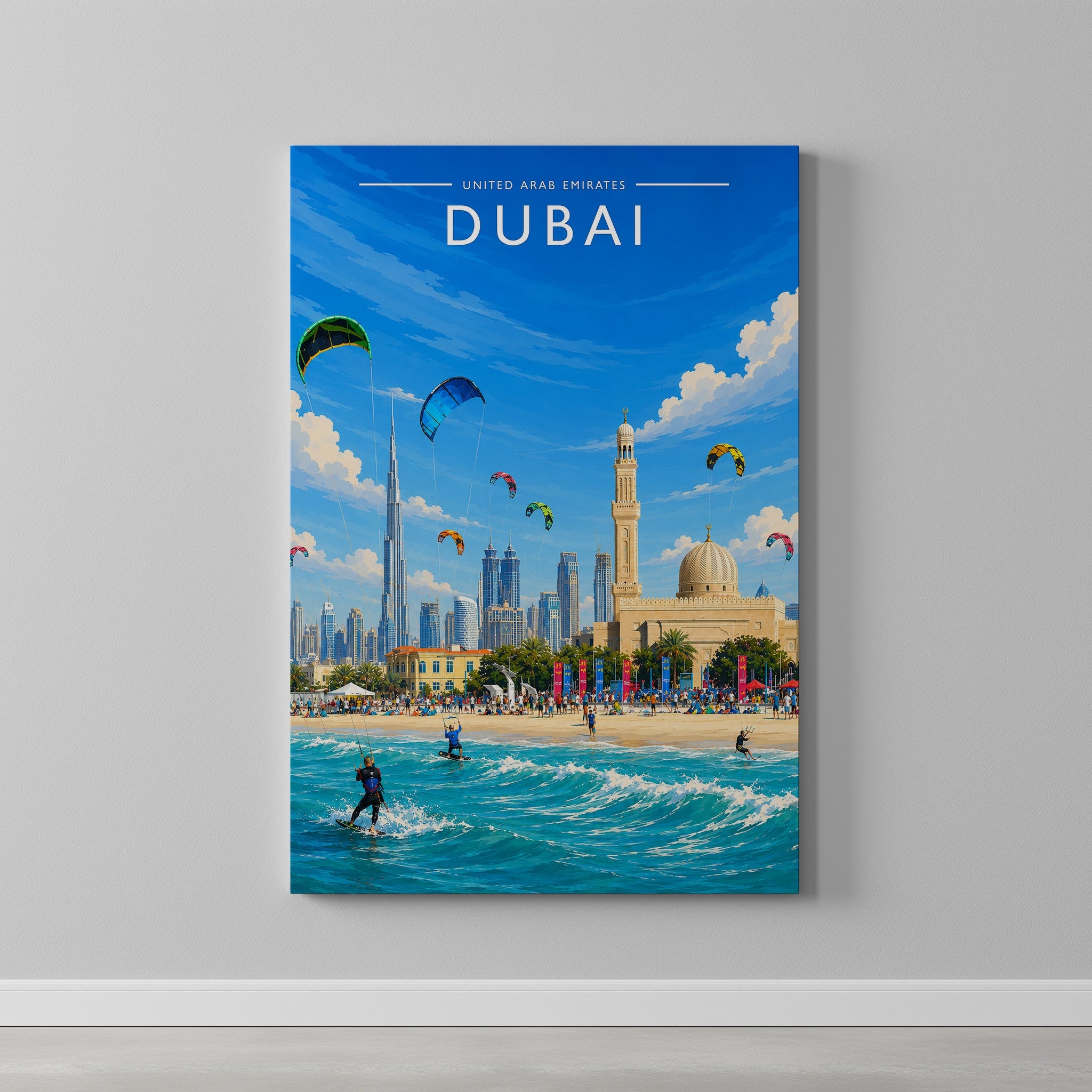 Dubai #9 Travel Poster as a gallery-wrapped canvas on a plain wall